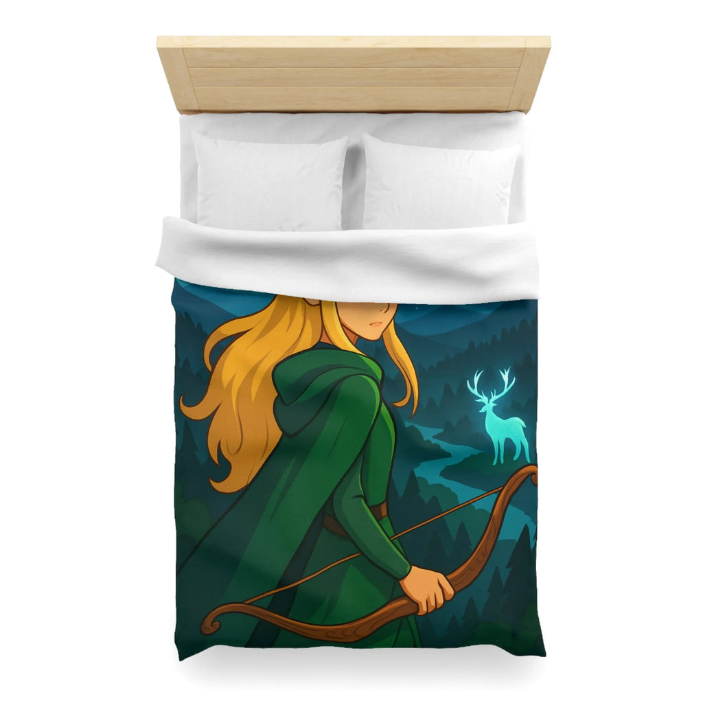 Housse de couette avec elfe archère, cerf lumineux, forêt montagneuse et ciel étoilé