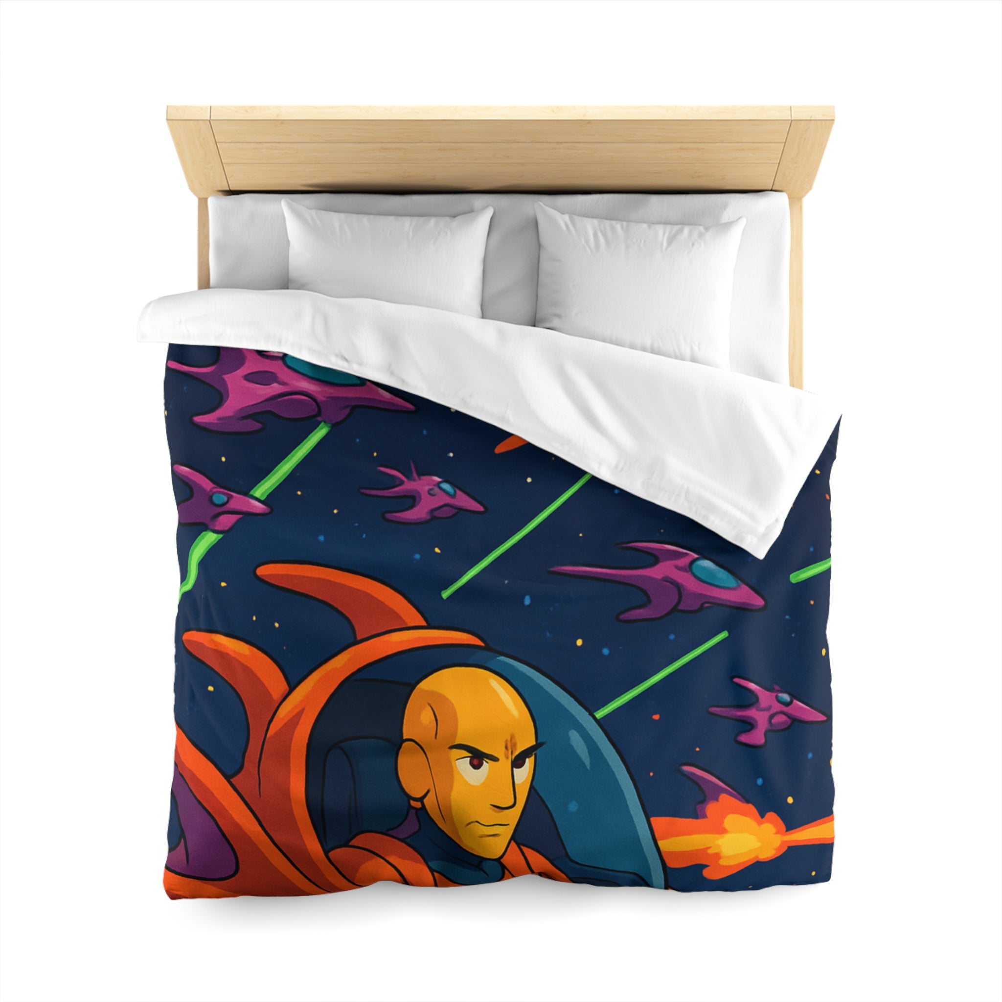 Housse de couette style rétro avec vaisseaux spatiaux et astéroïdes en explosion