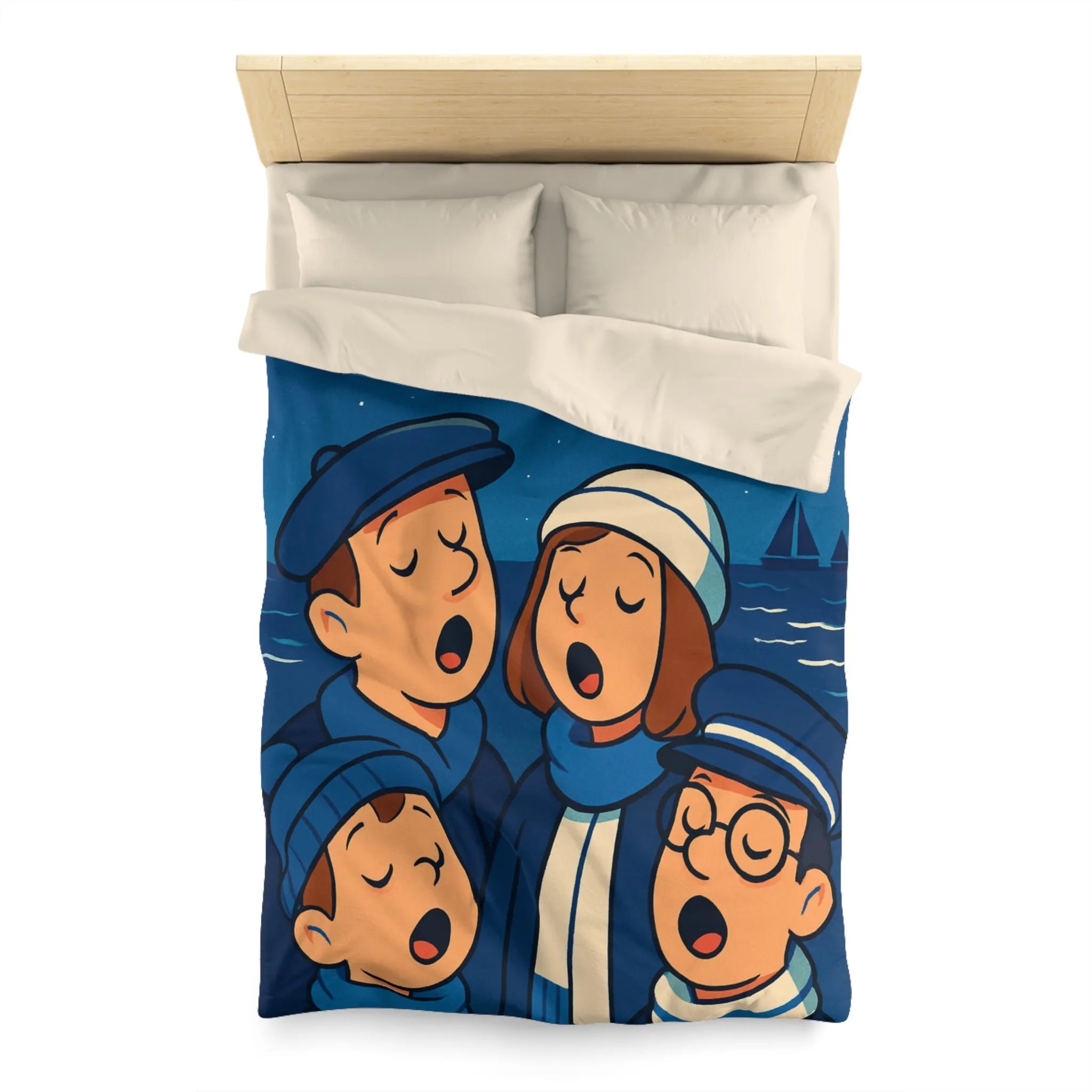 Housse de couette avec illustration nautique vintage de chanteurs sous un ciel étoilé