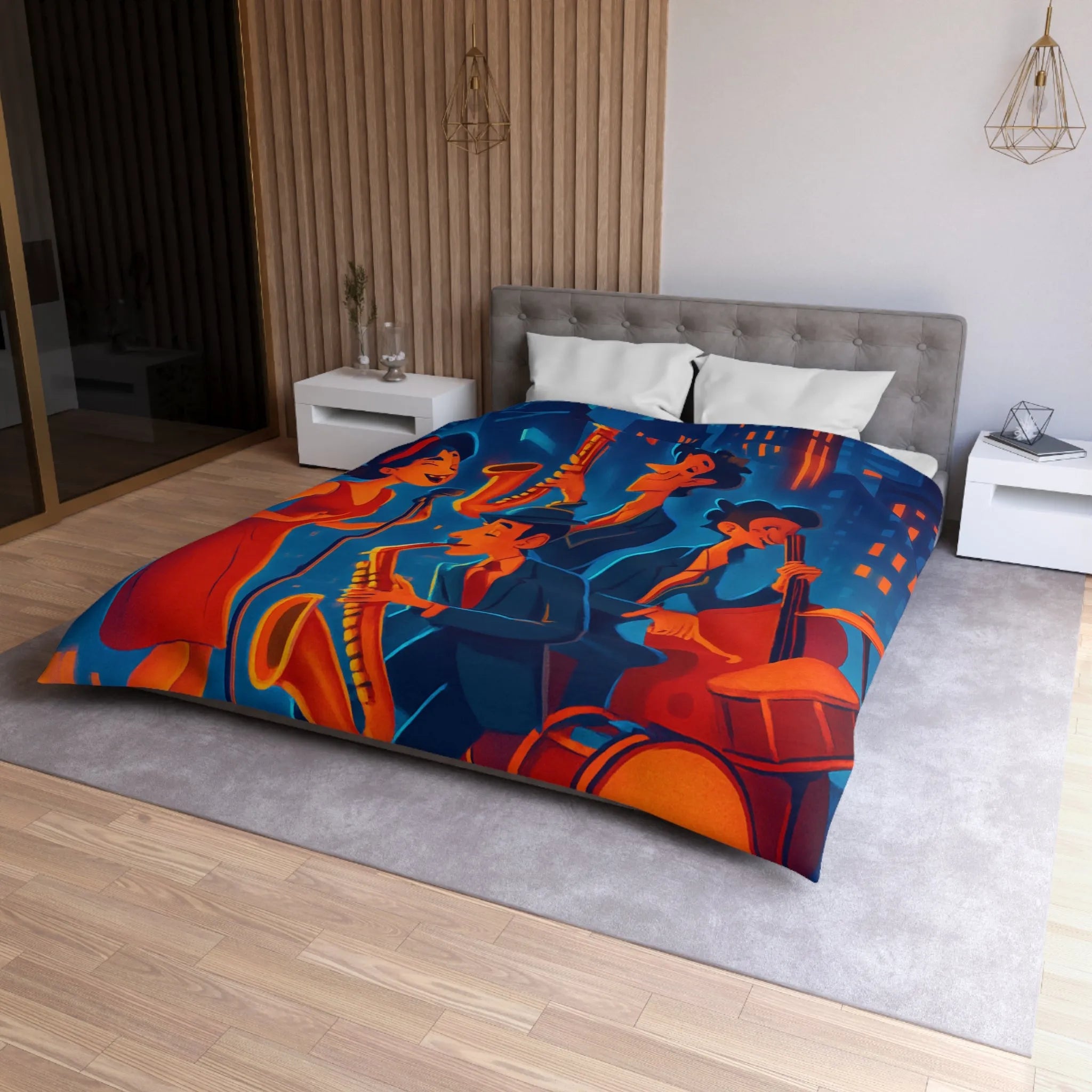 Housse de couette jazz rétro avec chanteuse et musiciens devant gratte-ciels éclairés