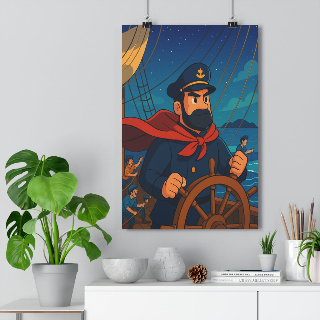 Poster décoratif cartoon aventure bleu rouge marin chambre bureau navire capitaine 30x46 cm style