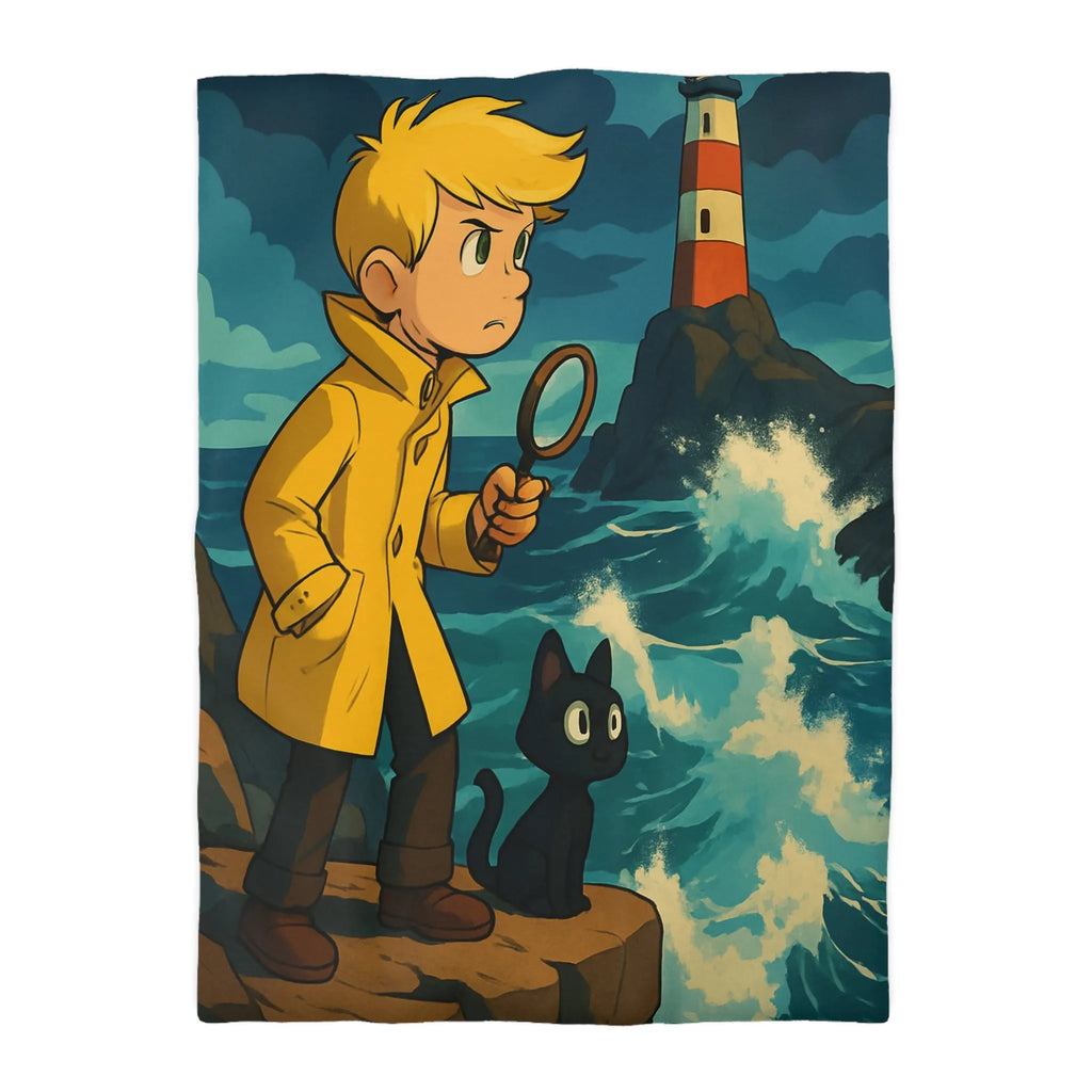 Housse de Couette Aventure Enfantine avec Phare, Océan et Chat Mystérieux