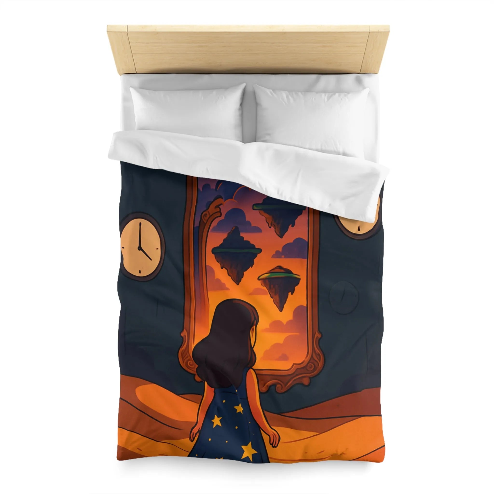 Housse de couette magique: paysage flottant, horloges rêveuses et fille contemplative