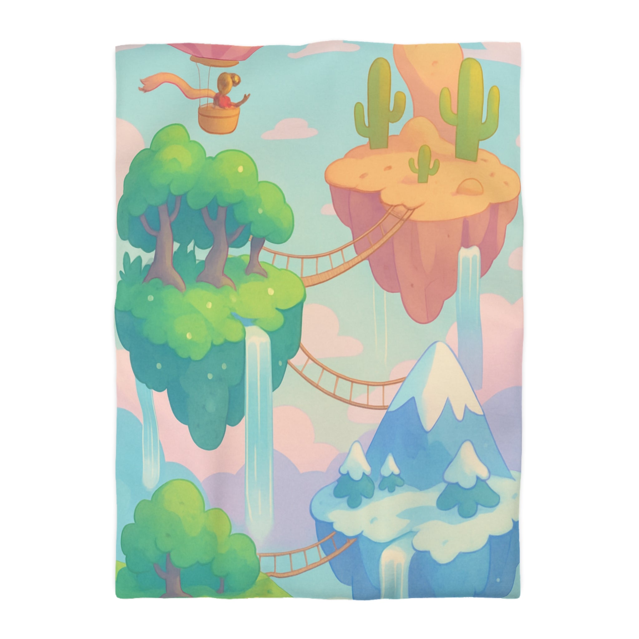 Housse de couette rêveuse avec montgolfière et îles flottantes féeriques en pastel