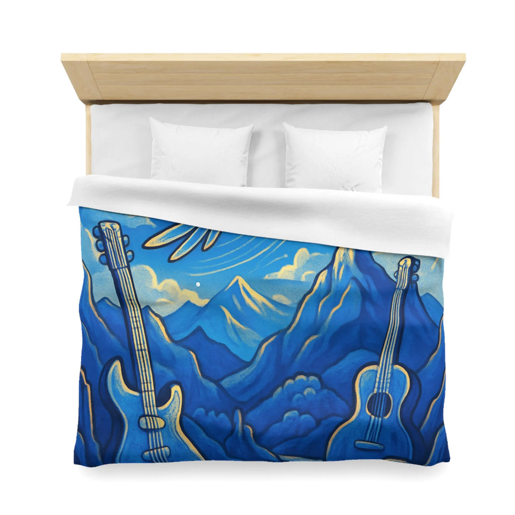 Housse de couette mélodieuse avec oiseau bleu et instruments de musique en montagne