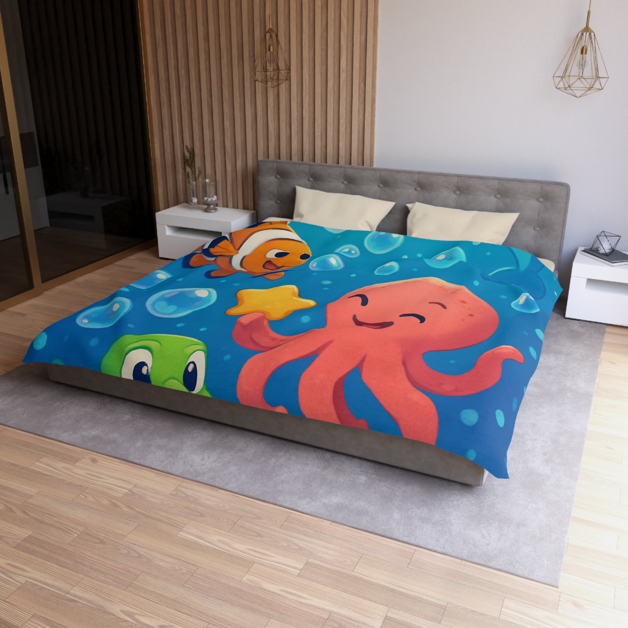 Housse de couette sous-marine avec pieuvre, dauphin, poisson clown et tortue joyeuse
