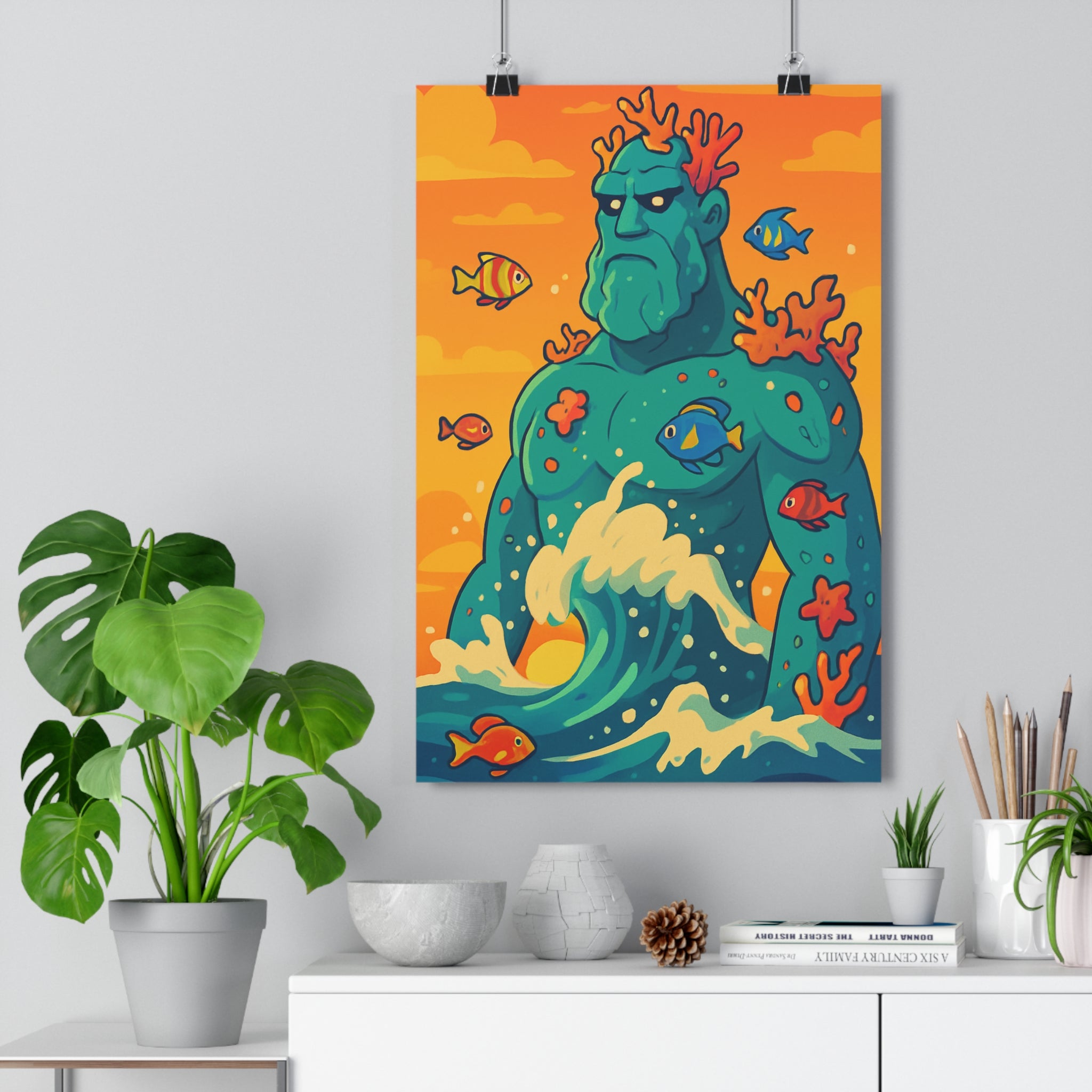 Poster décoratif cartoon bleu vert orange géant marin enfant chambre océan corail vibrant joyeux