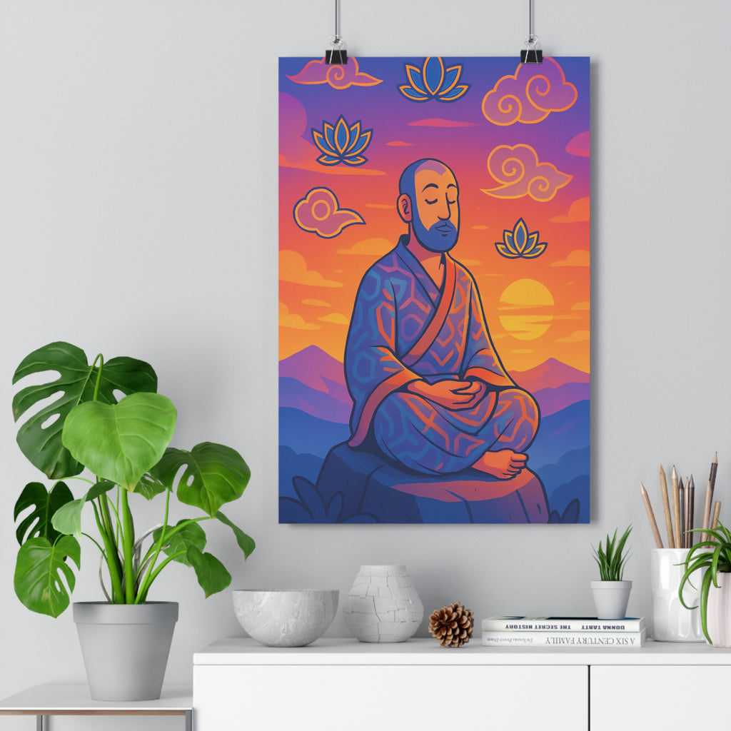Poster décoratif cartoon zen orange violet méditation moine montagne paisible salon chambre apaisant qualité