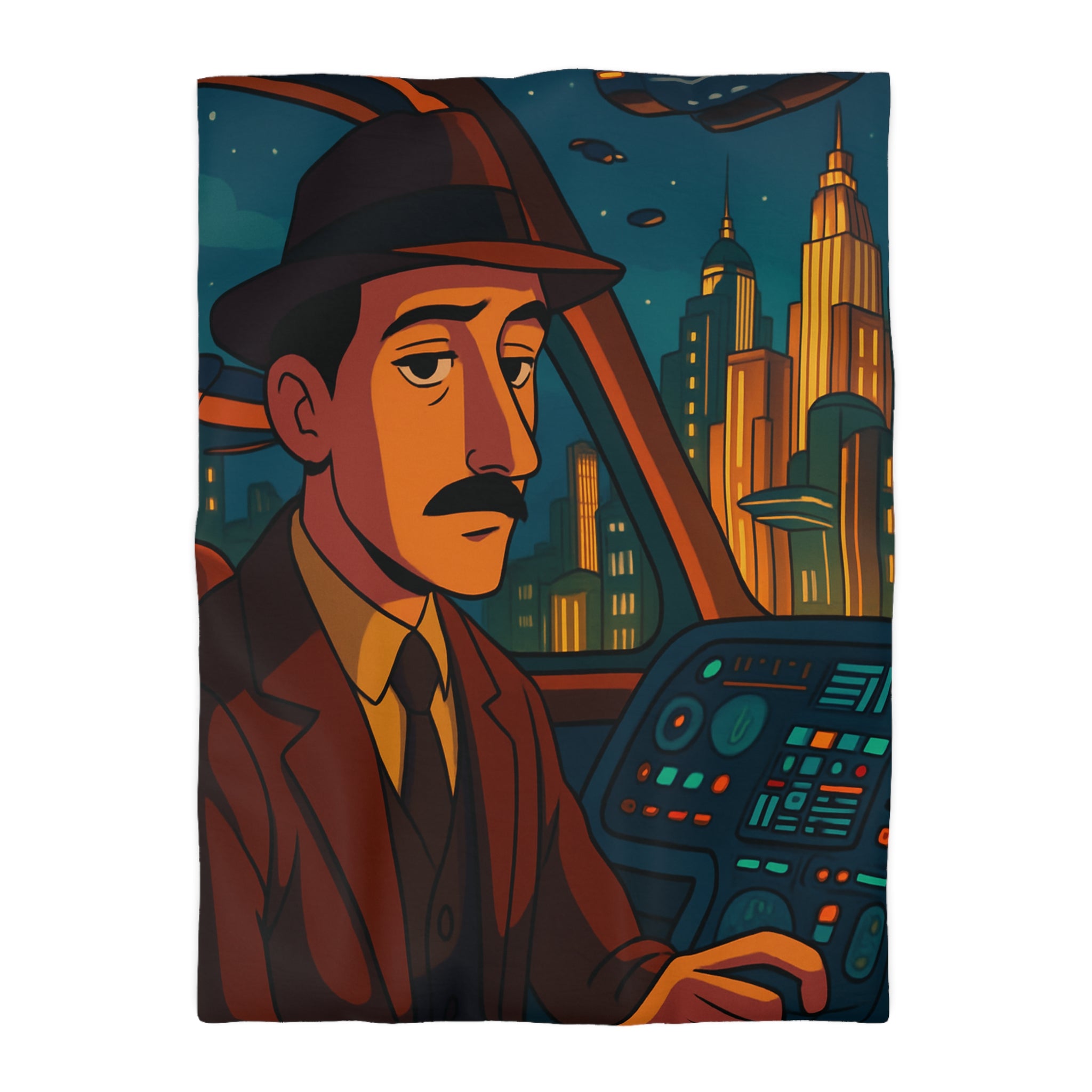 Housse de couette rétro-futuriste avec illustration de ville et pilote dans vaisseau