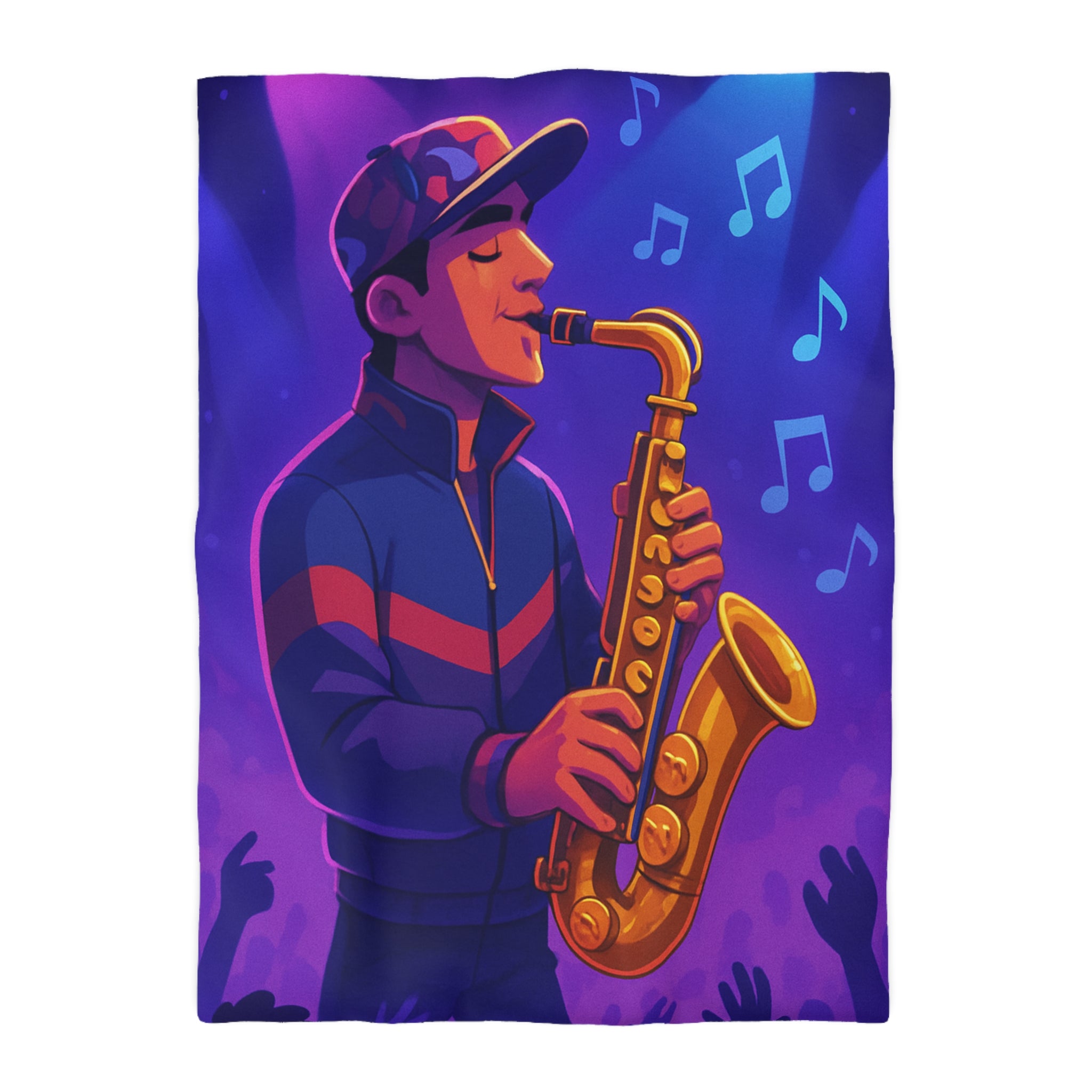 Jazz nocturne vibrant avec joueur de saxophone énergique sous lumières colorées et musique entraînante