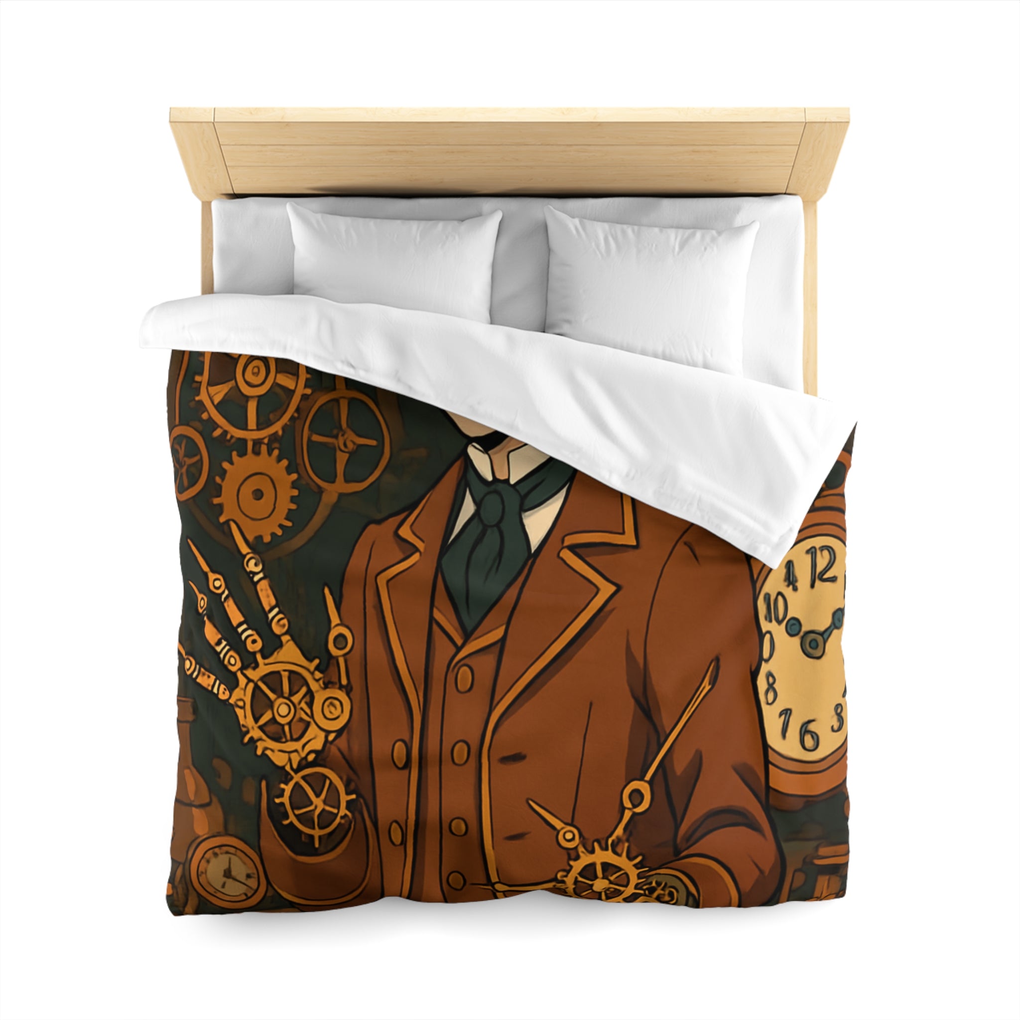 Housse de couette steampunk avec horloges et personnage stylé en tenue victorienne