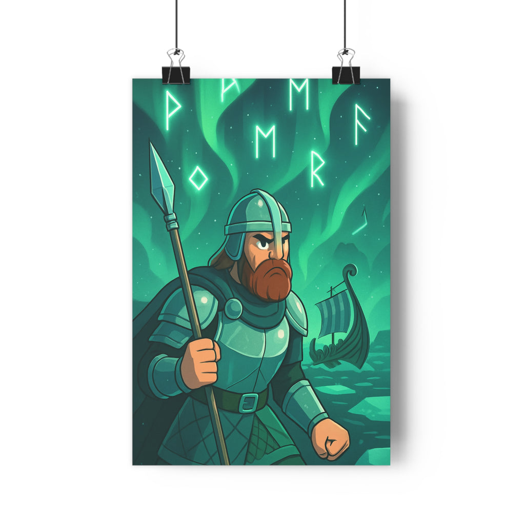 Poster décoratif épique guerrier barbu nordique vert aventure mystique salon chambre bureau ambiance cartoon