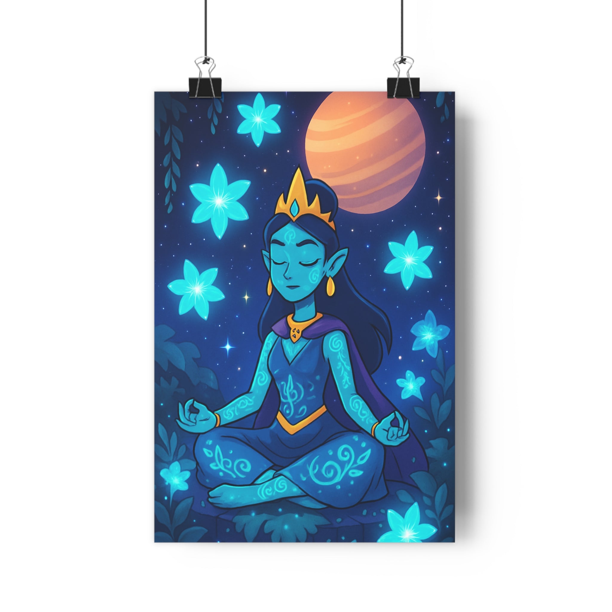 Poster décoratif méditatif elfique bleu vert pastel sérénité magique étoilé chambre salon 30x46 cm