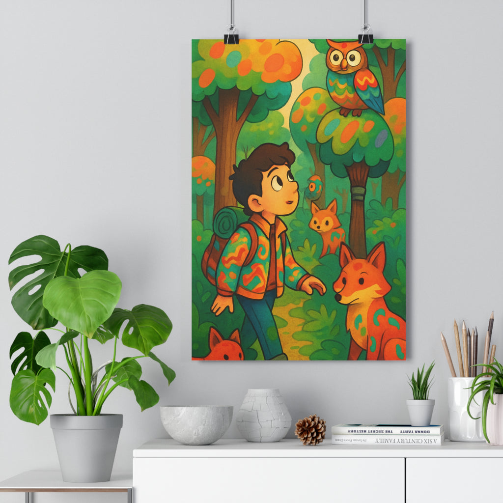 Poster décoratif cartoon vert orange bleu aventure enfant chambre fantastique animaux nature 30x46 enchanté
