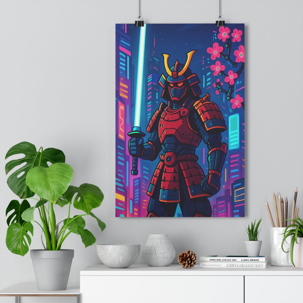 Poster décoratif futuriste samouraï cyberpunk lumineux rouge noir ville moderne ambiance élégante salon chambre