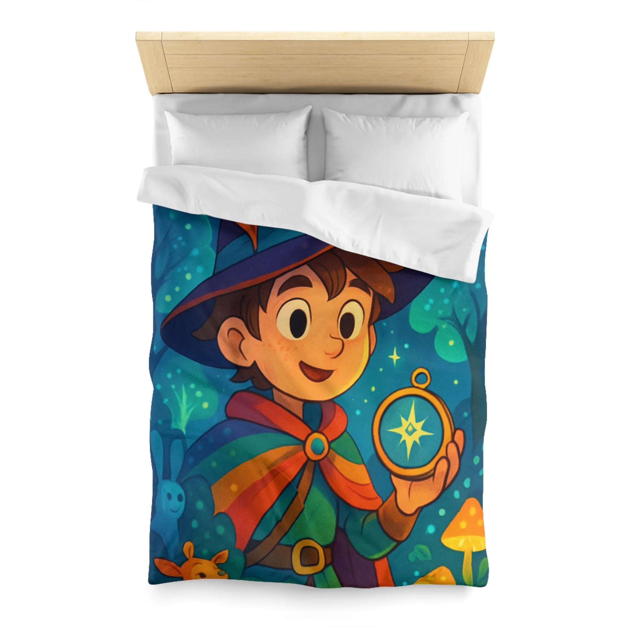 Housse de Couette Enfant Fantasy avec Sorcier et Dragon dans Forêt Enchantée Étoilée