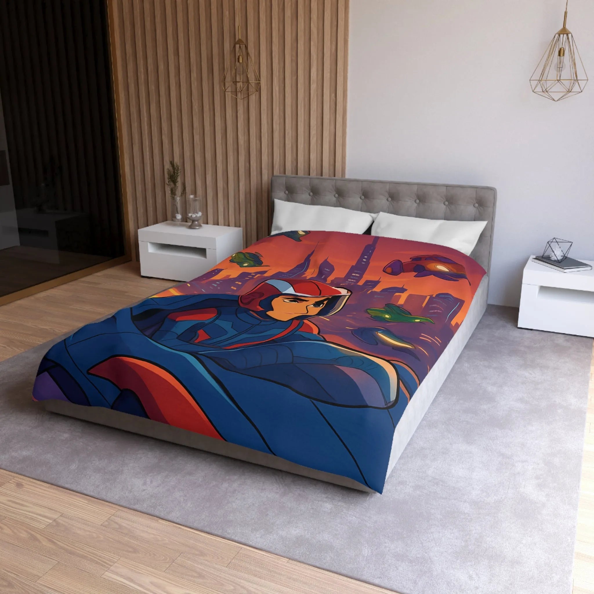 Housse de couette futuriste avec pilote de course et voitures volantes en ville