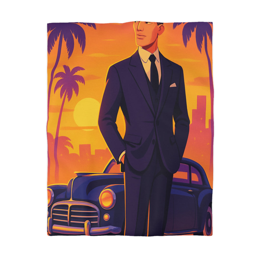 Housse de couette vintage avec homme élégant devant voiture classique au coucher du soleil