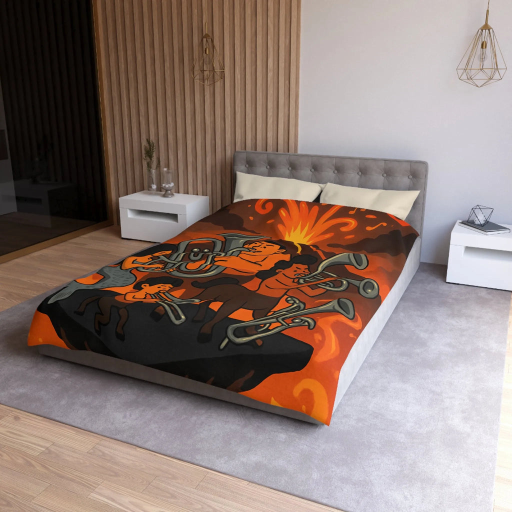 Housse de couette avec design mythique de musiciens sur fond volcanique flamboyant