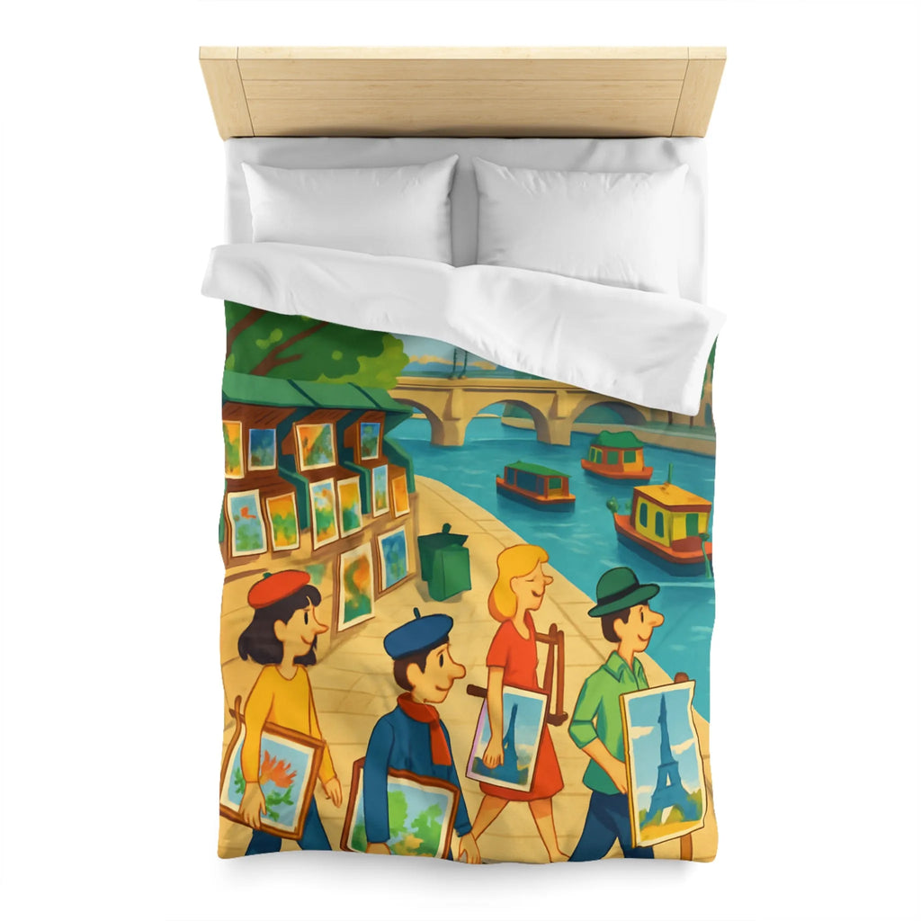 Housse de couette artistique thème parisien avec scènes de quai colorées et peintres joyeux