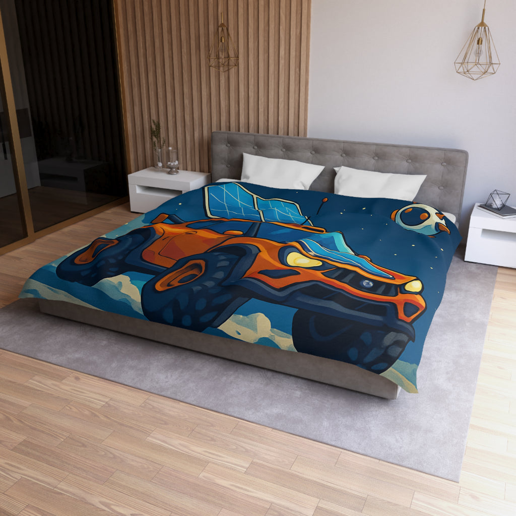 Housse de couette spatiale avec voiture orange et robots sur fond lunaire captivant