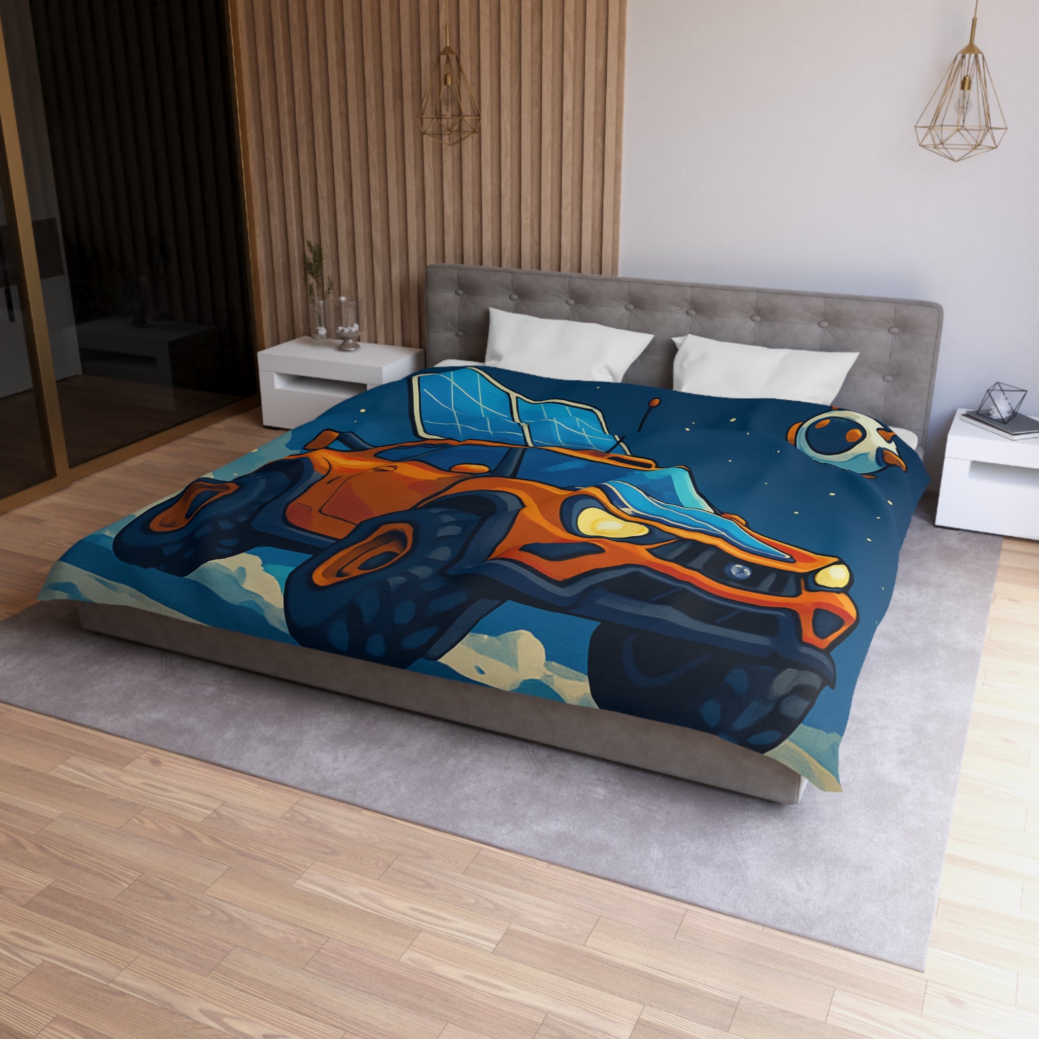 Housse de couette spatiale avec voiture orange et robots sur fond lunaire captivant