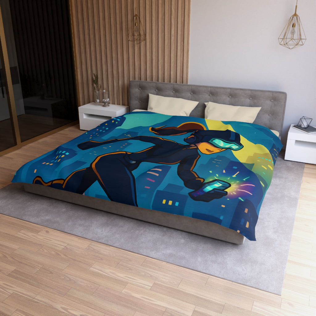 Housse de couette moderne avec motif de ville et personnage futuriste en action