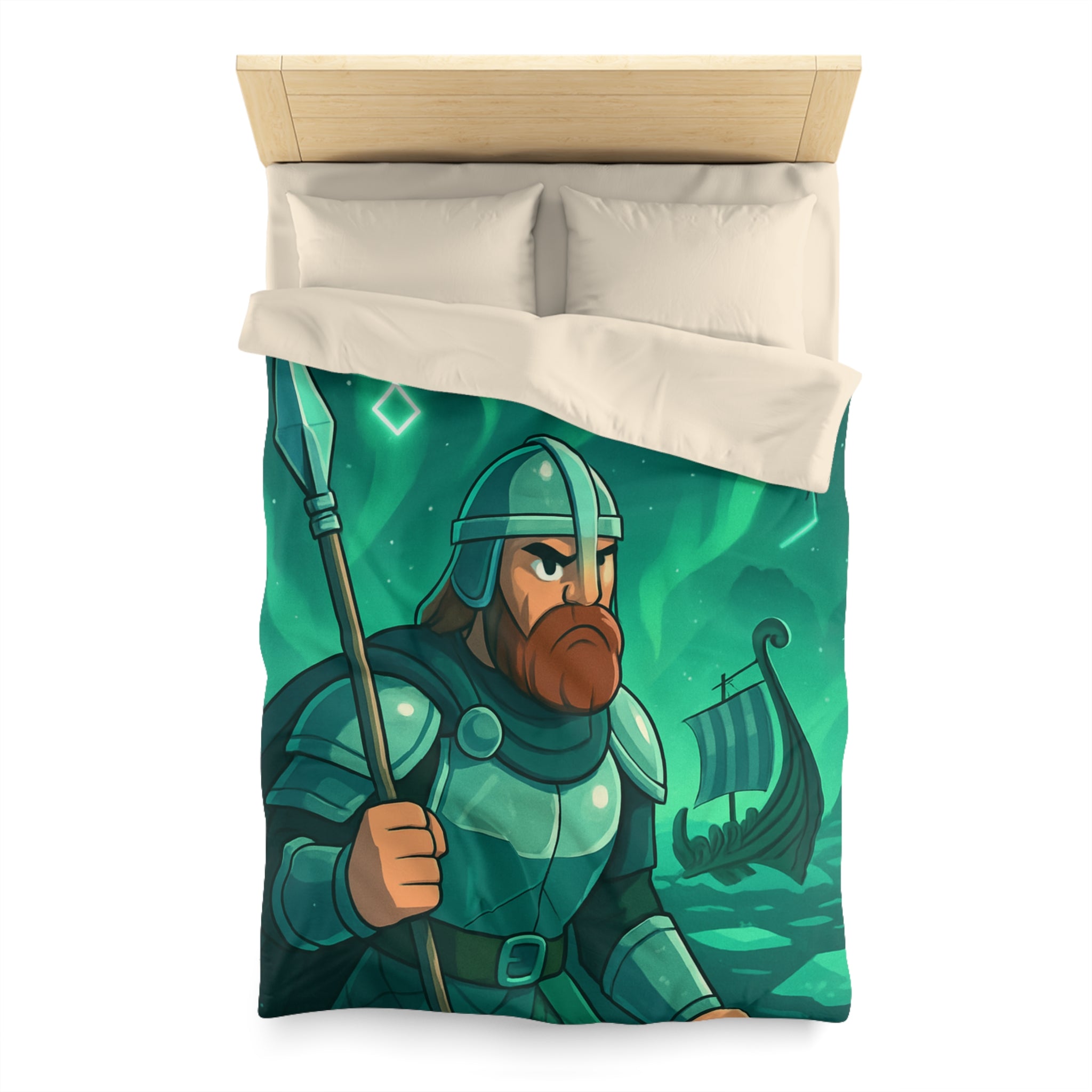 Housse de Couette Viking Vert Émeraude avec Guerrier et Aurores Boréales pour Chambre