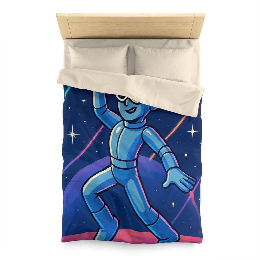Housse de Couette Éclatante avec Robot dansant sur Fond Intergalactique Étoilé et Coloré