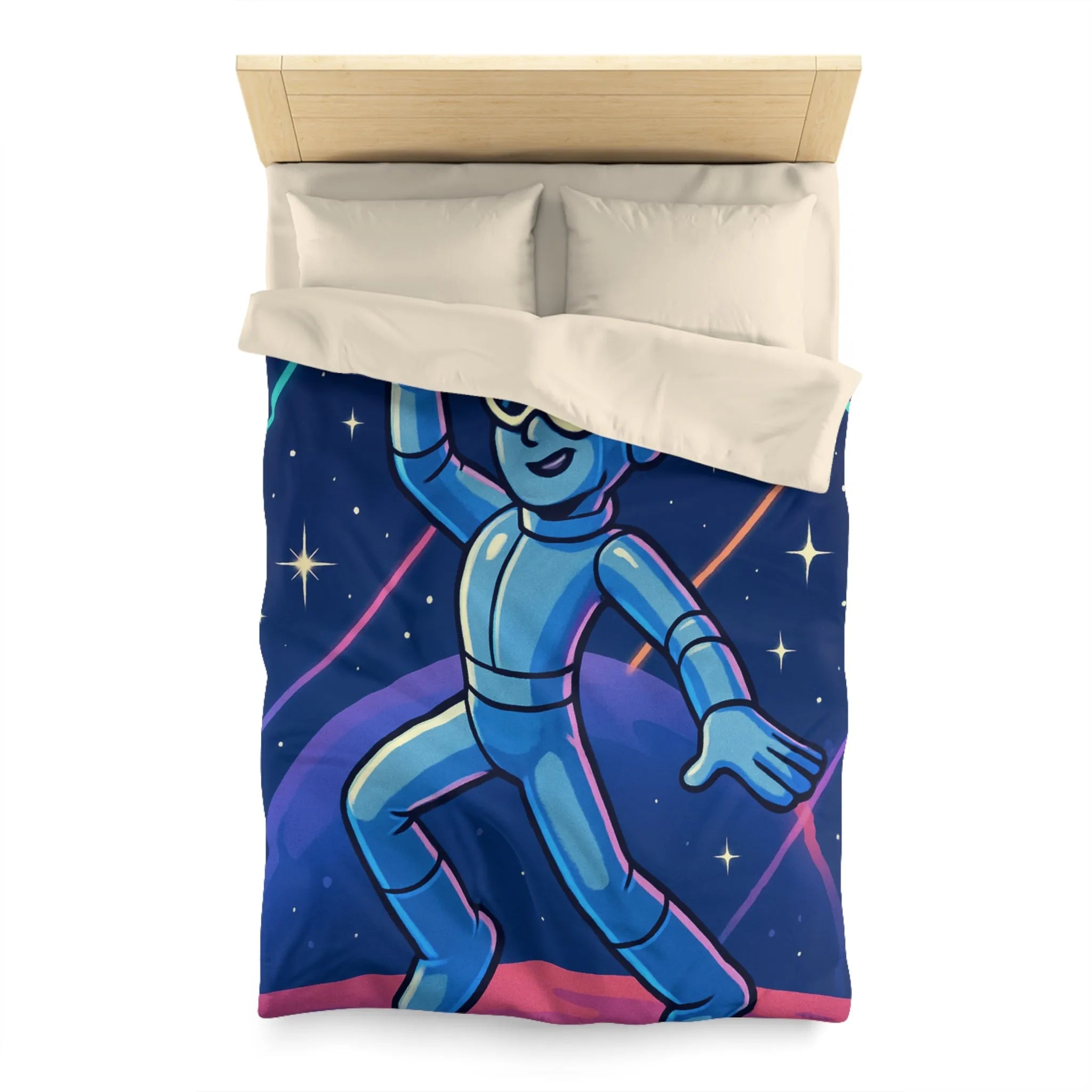 Housse de Couette Éclatante avec Robot dansant sur Fond Intergalactique Étoilé et Coloré