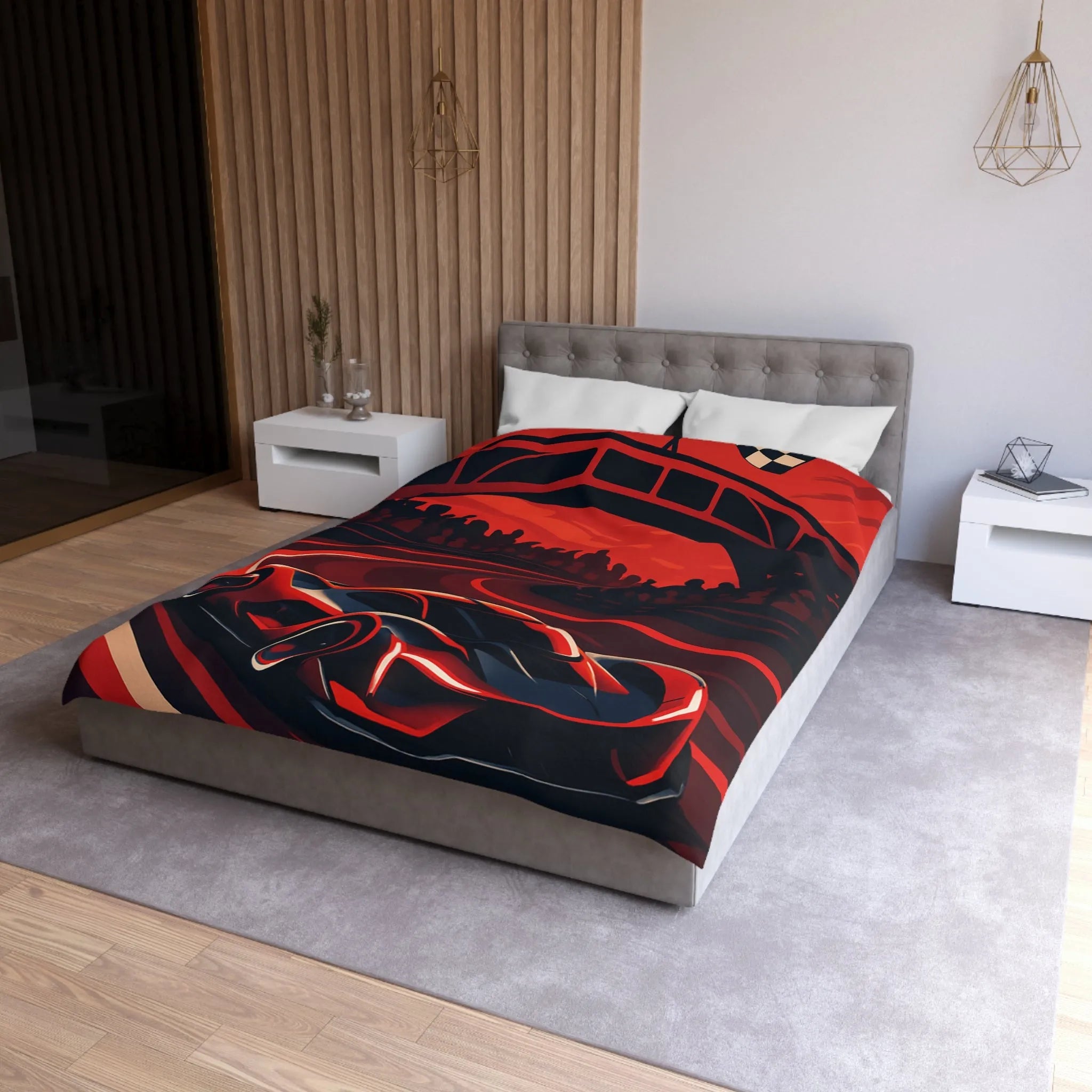 Housse de couette avec design de voiture de course rouge moderne sur circuit sinueux