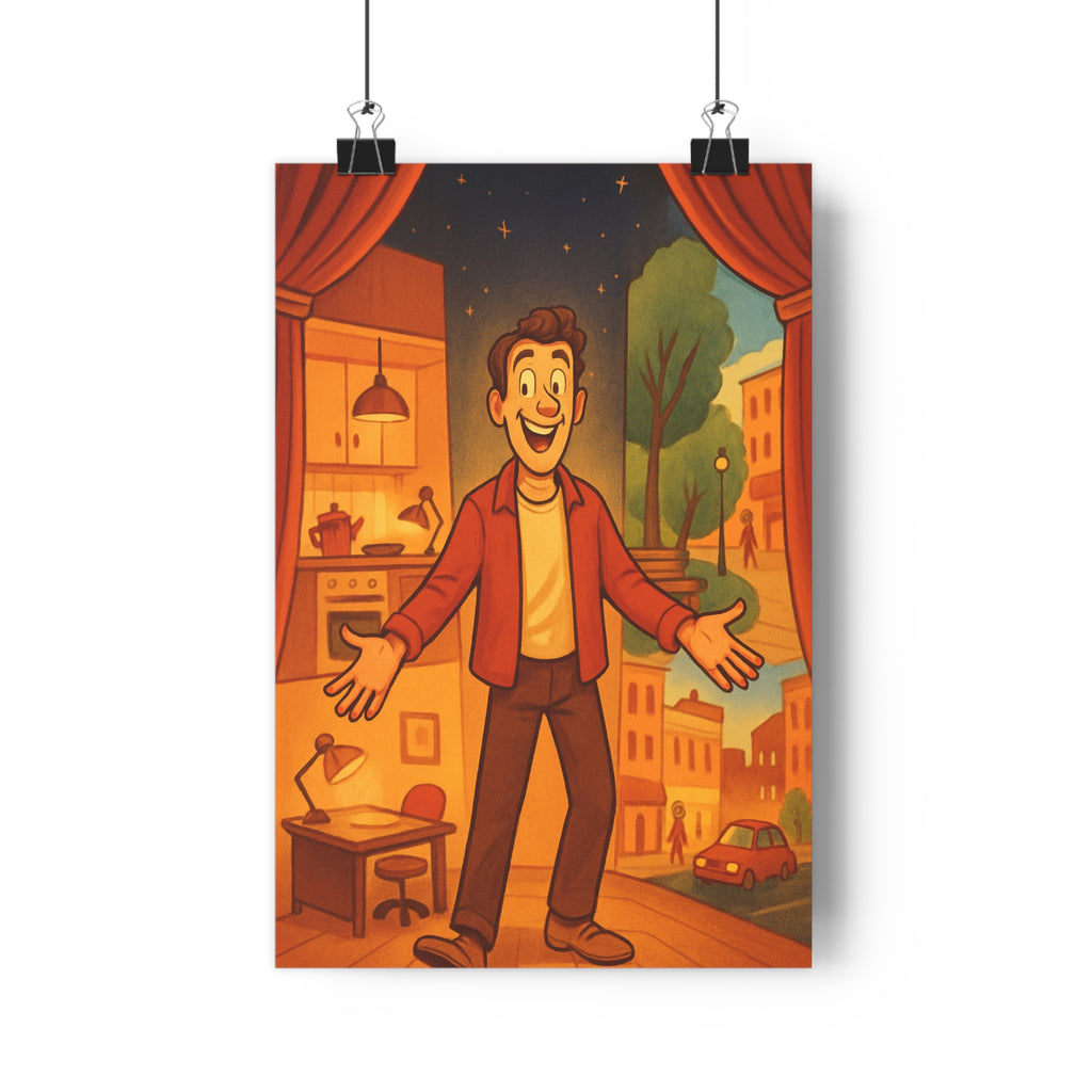 Poster décoratif cartoon joyeux orange rouge intérieur salon bureau ambiance théâtrale expressif scène étoiles