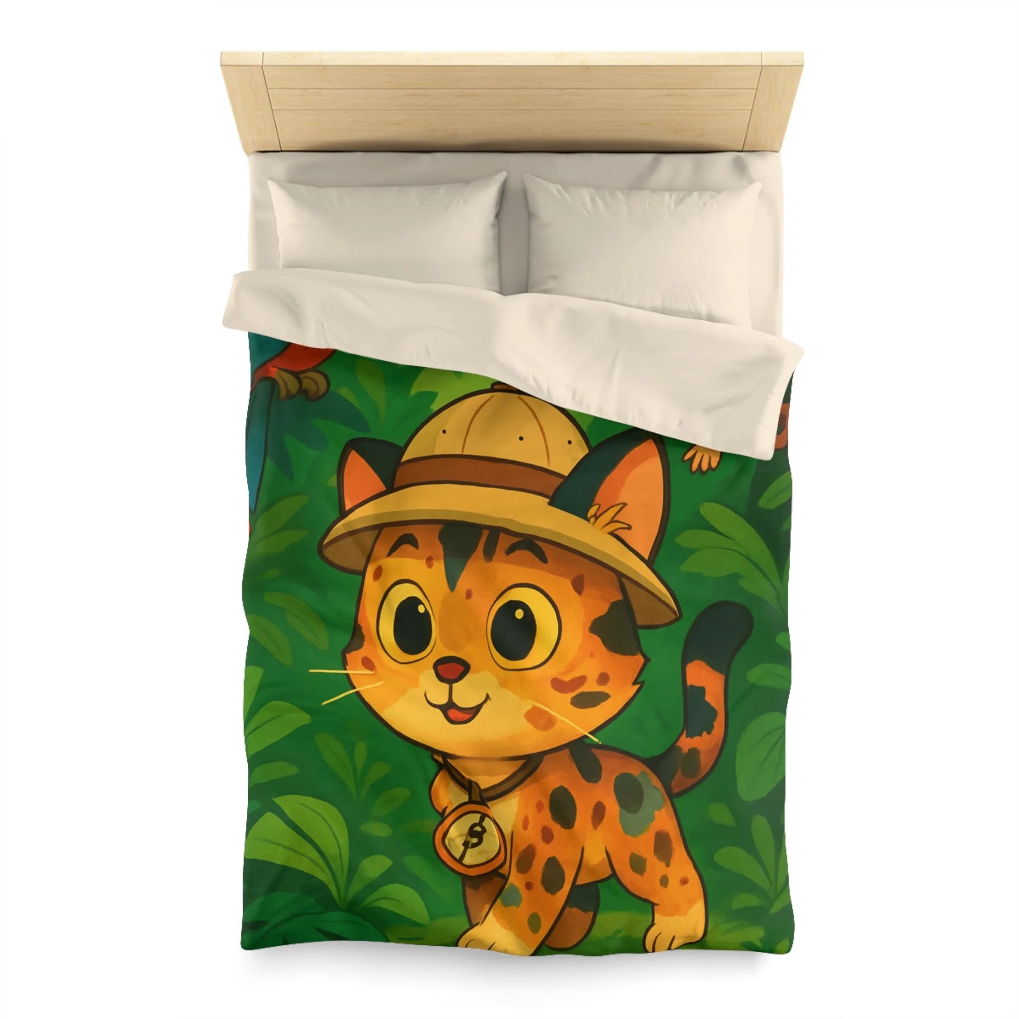 Housse de couette avec chat explorateur, jungle colorée, perroquet et singe joyeux