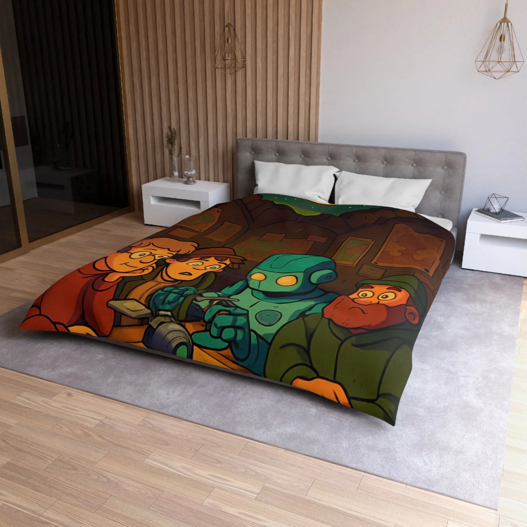 Housse de couette avec scène animée de nuit, stratégie autour de cartes et robot