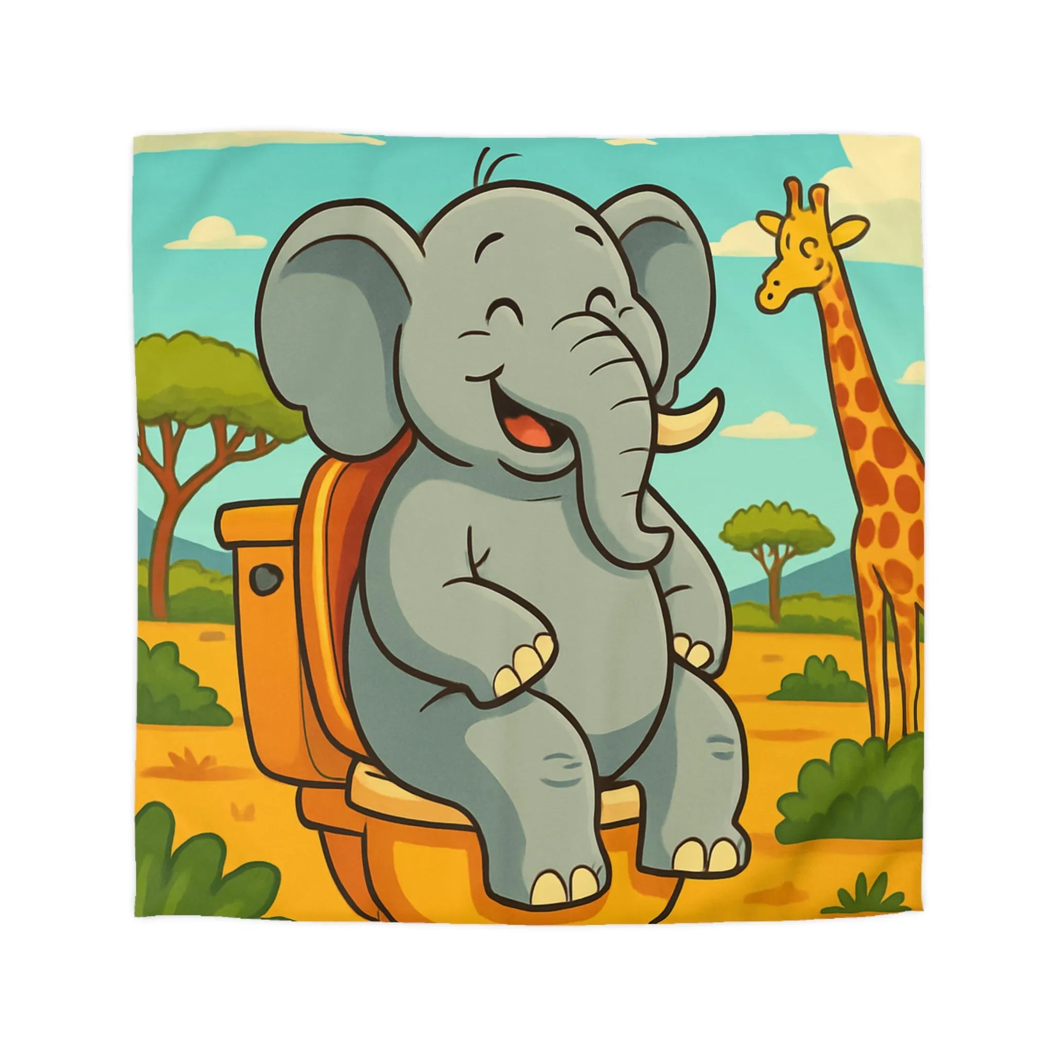 Housse de couette joyeuse éléphant sur toilettes en pleine savane colorée