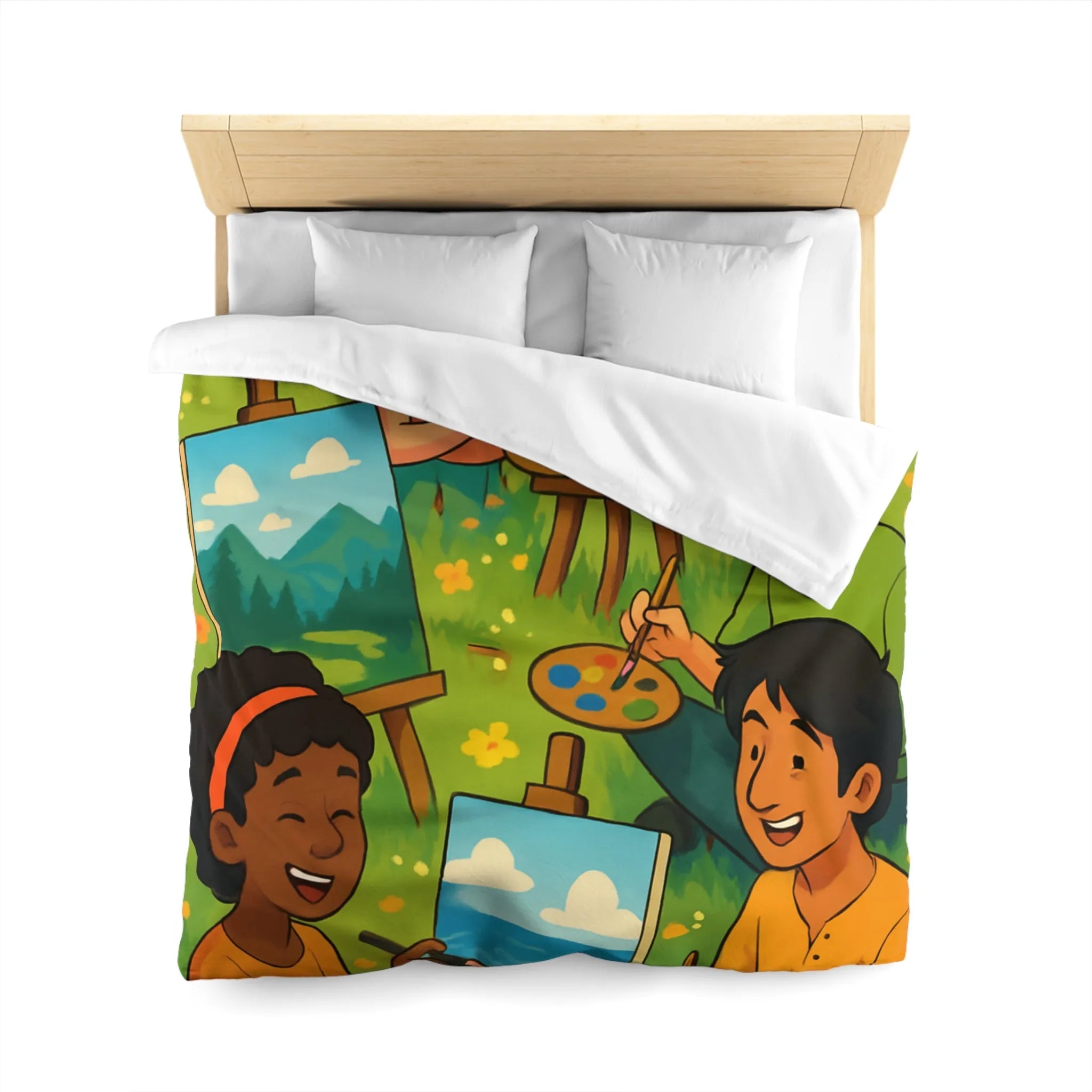 Housse de couette décorative avec enfants peignant dans champ fleuri en plein air