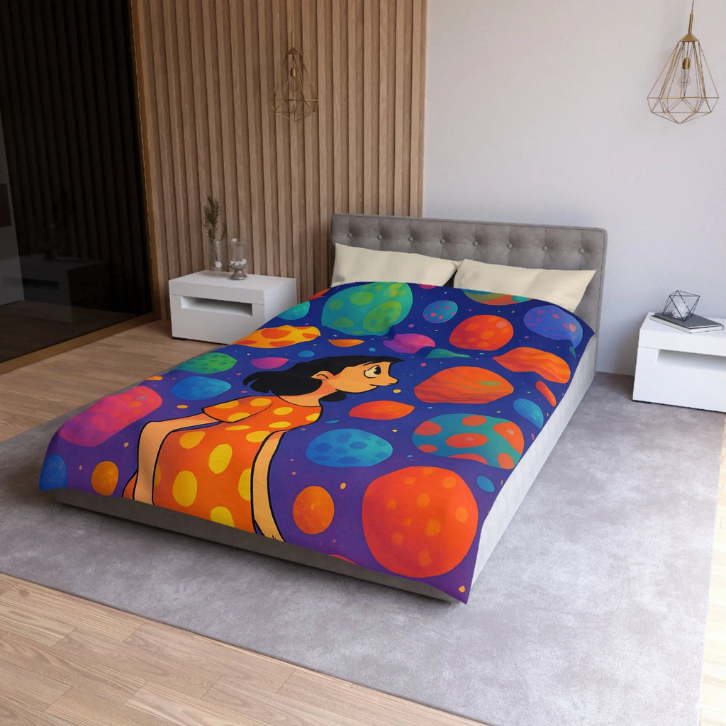 Housse de couette colorée avec motif de planètes et enfant rêveur dans l'espace
