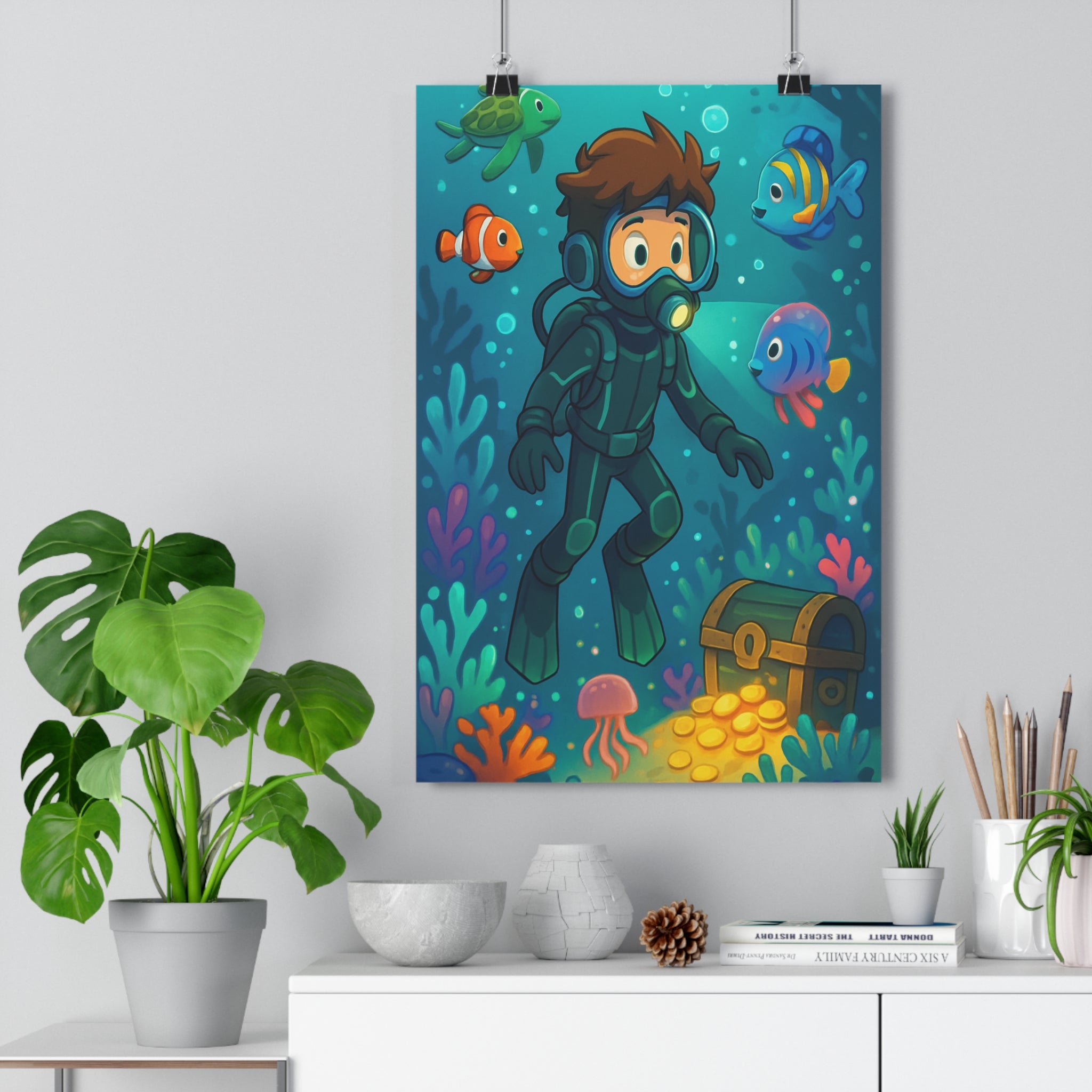 Poster décoratif cartoon bleu vert aventure plongeur chambre enfant joyeux artistique océan corail vibrant