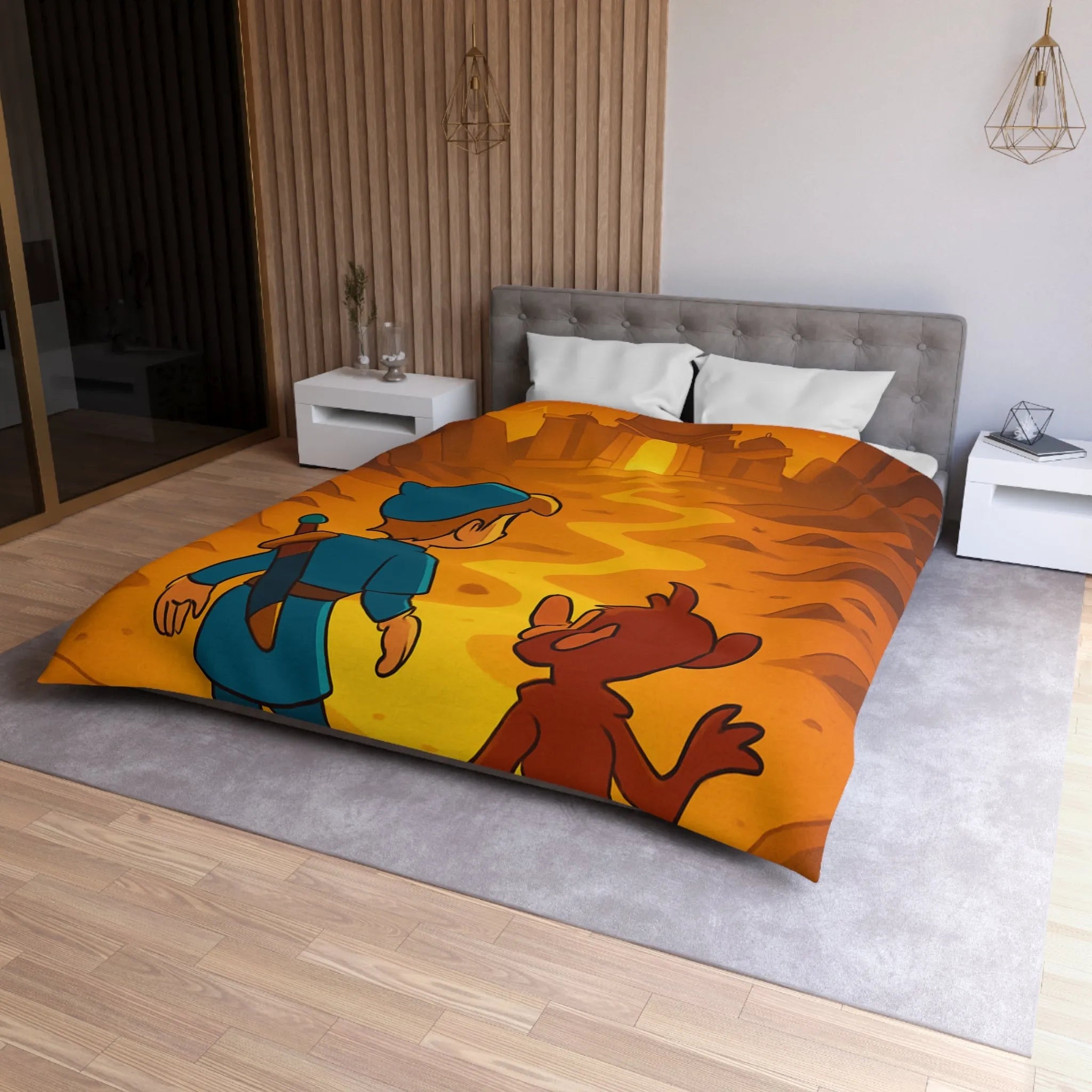 Housse de Couette Aventure Épique Enfantine avec Enfant et Singe dans Désert Mystique