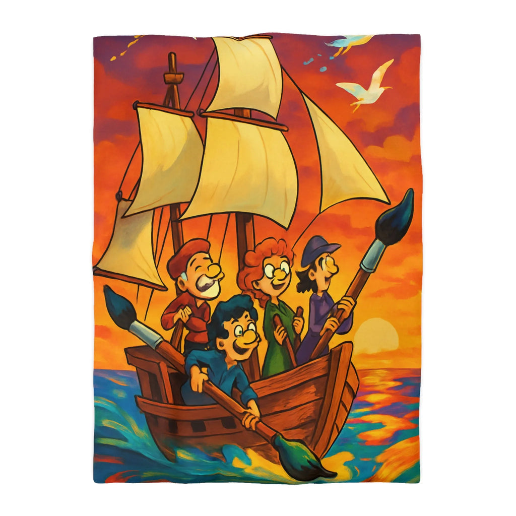 Housse de couette illustrée avec bateau et ciel coloré au coucher du soleil