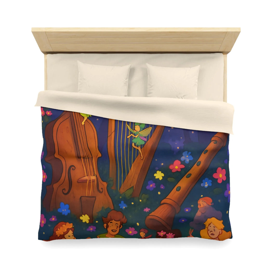 Housse de couette féérique forêt musicale, fées dansant avec fleurs et instruments enchanteurs