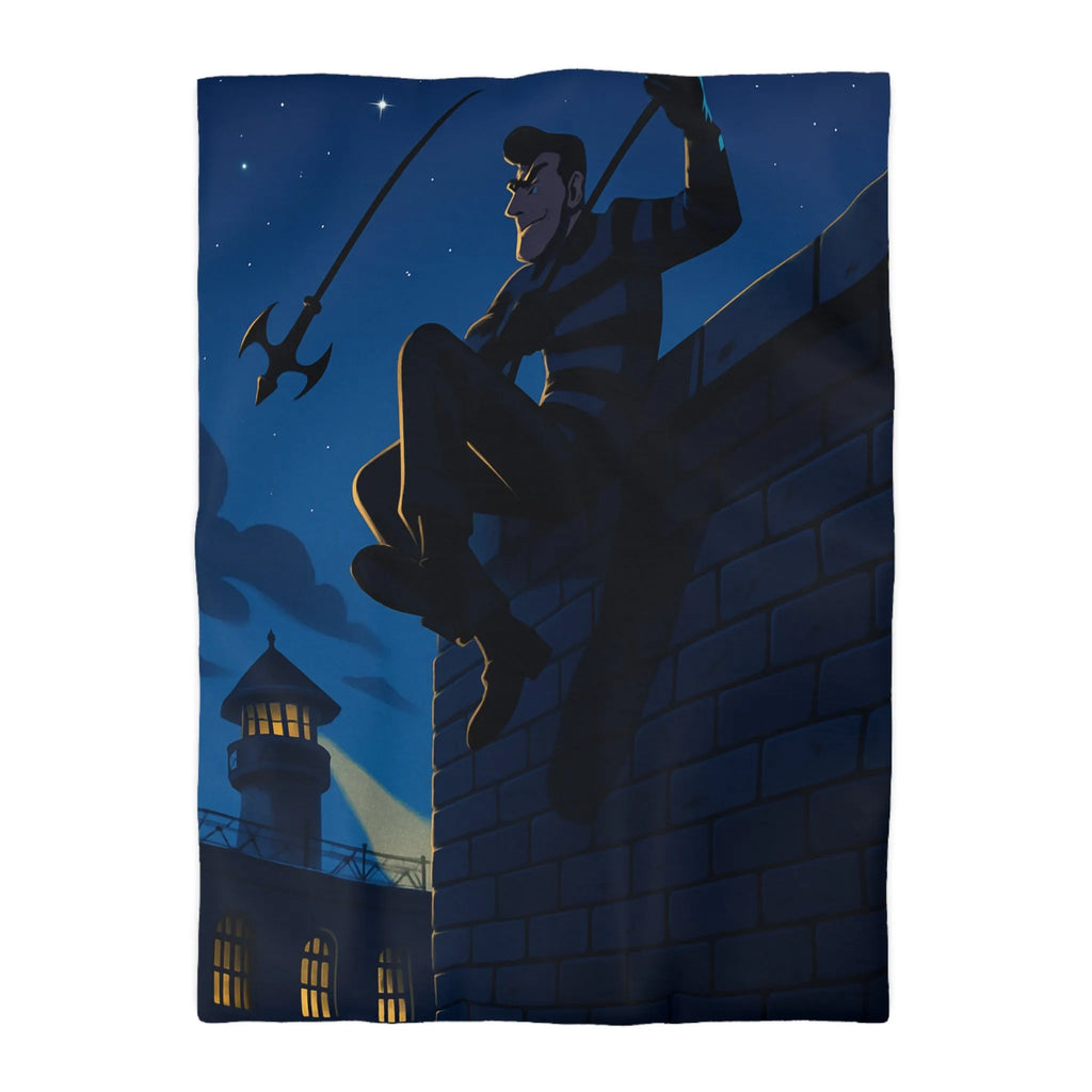 Housse de couette avec artiste en fuite sous ciel étoilé, ambiance nocturne captivante