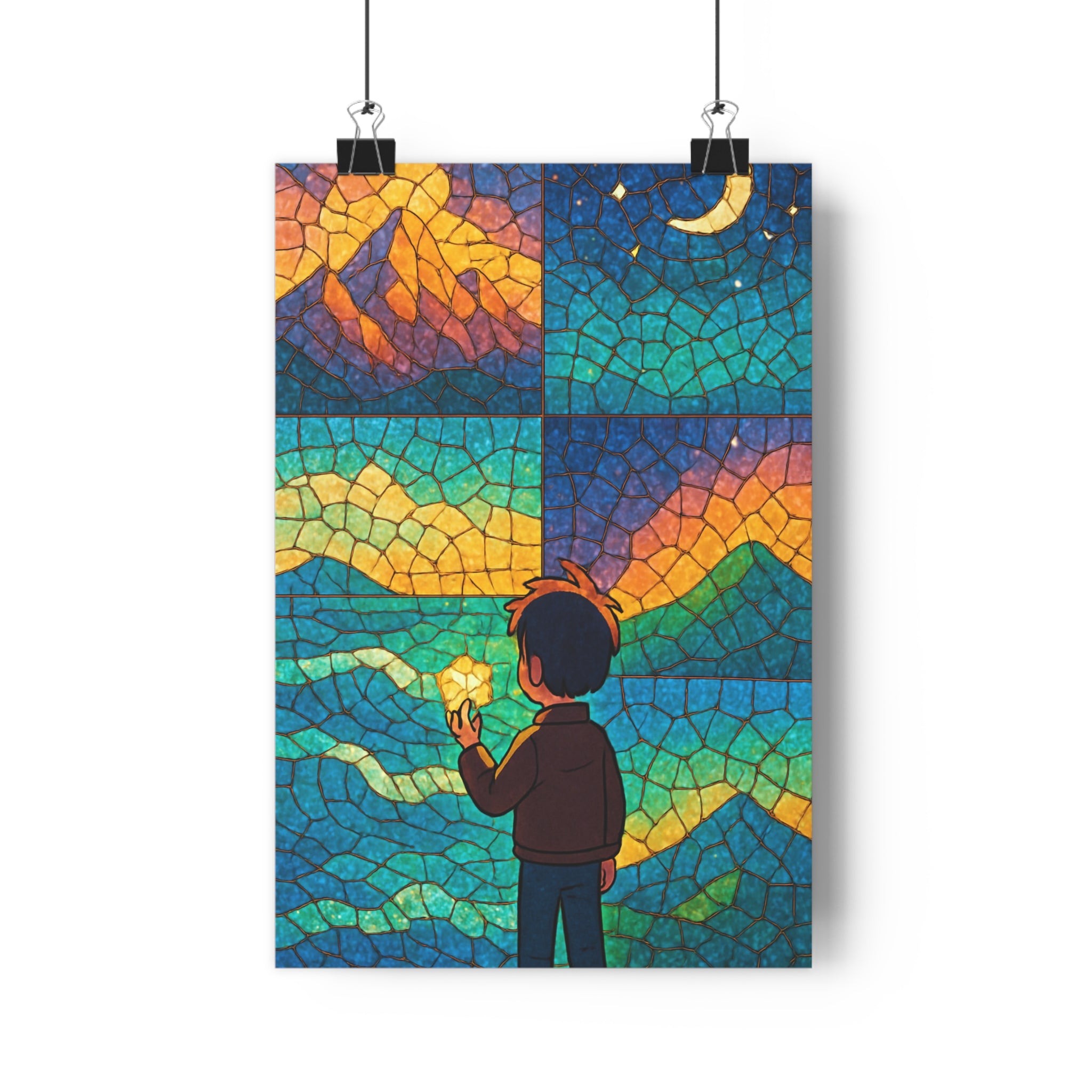 Poster décoratif artistique mosaïque montagne ciel étoilé nocturne bleu violet chambre ambiance onirique qualité