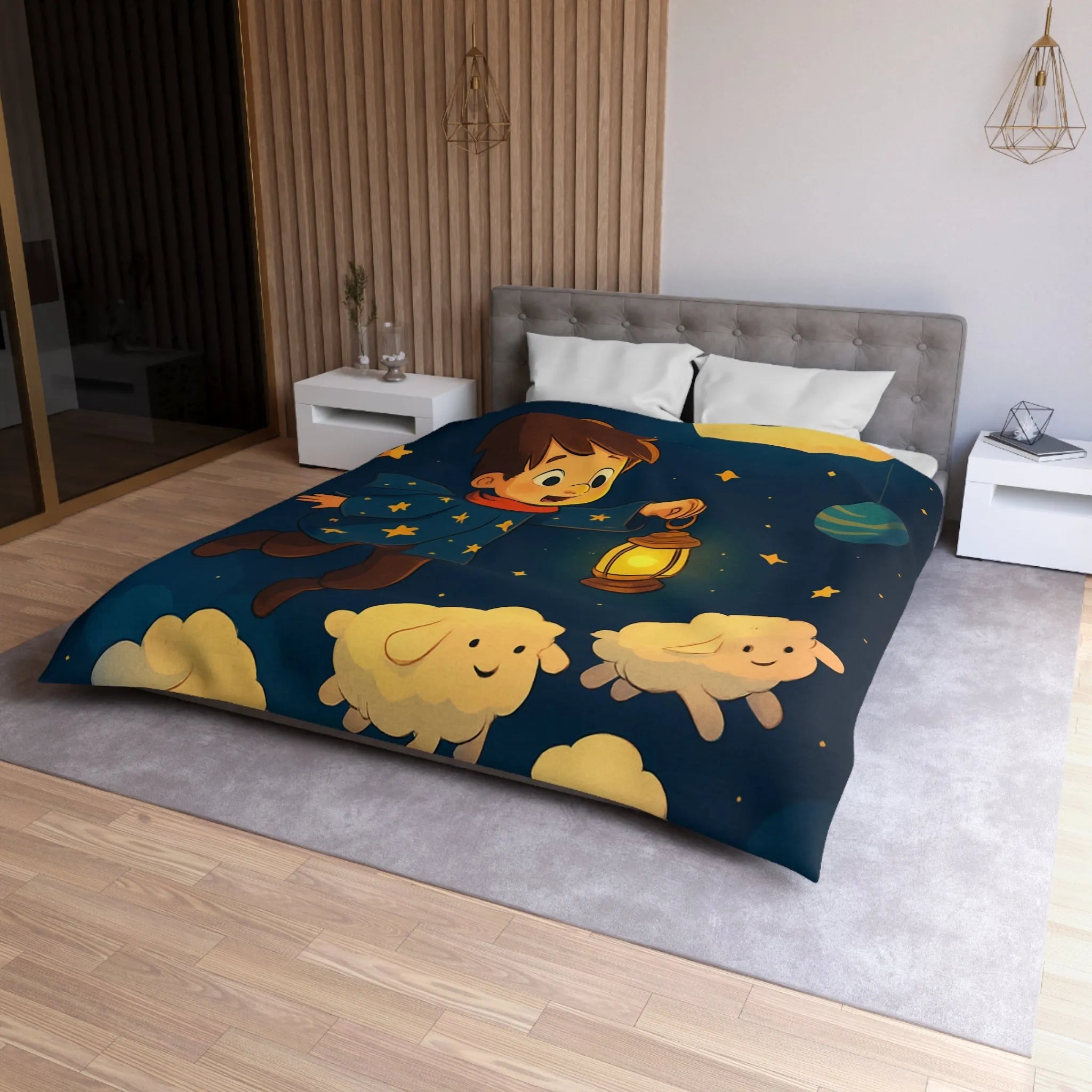 Housse de couette enfant rêveur avec étoiles, lune et moutons volants mignons