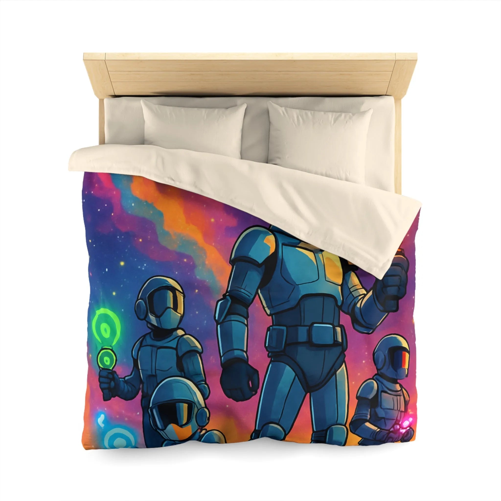 Housse de couette futuriste colorée avec quatre astronautes sous galaxie vibrante et étoilée