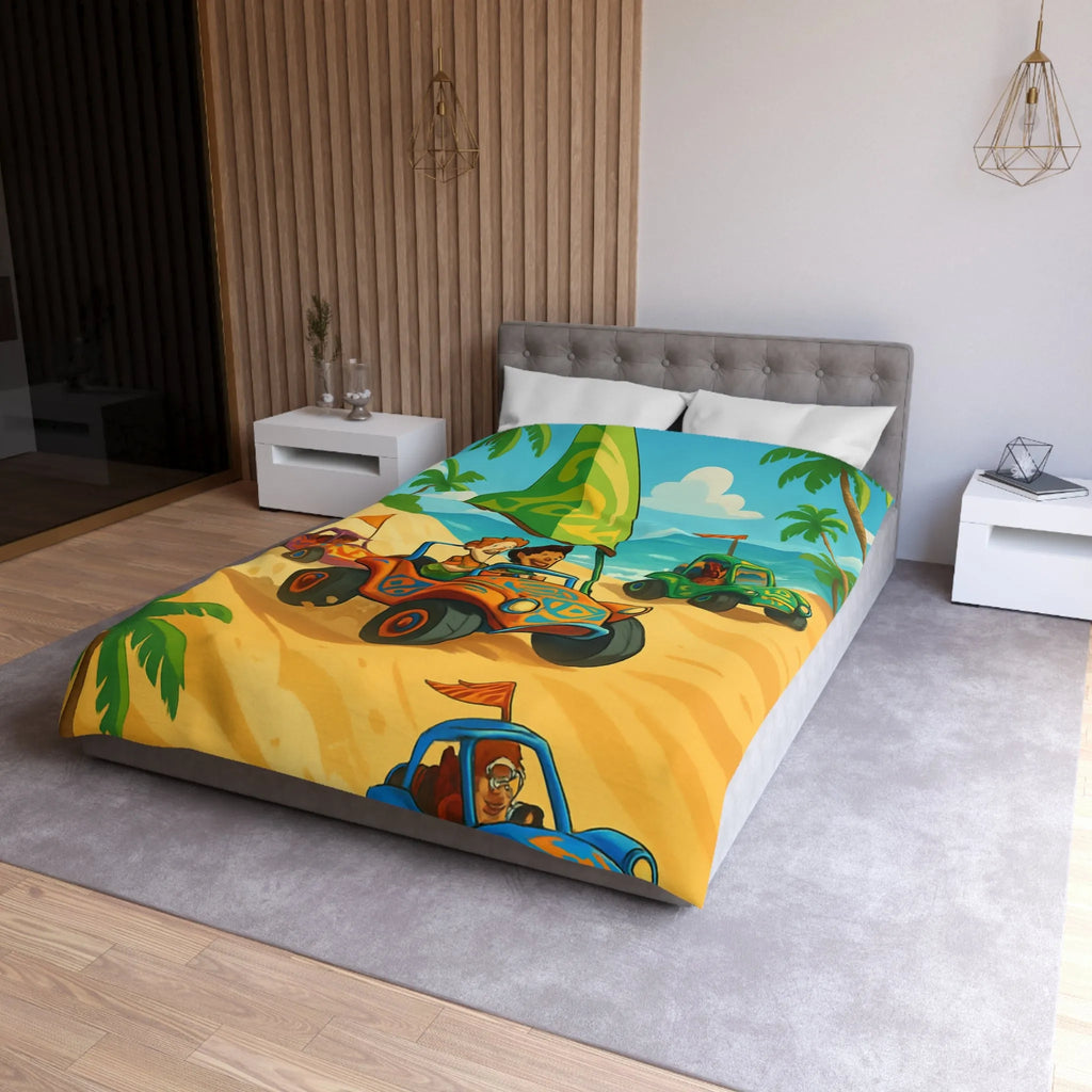 Housse de couette colorée avec motif voitures de plage et palmiers tropicaux