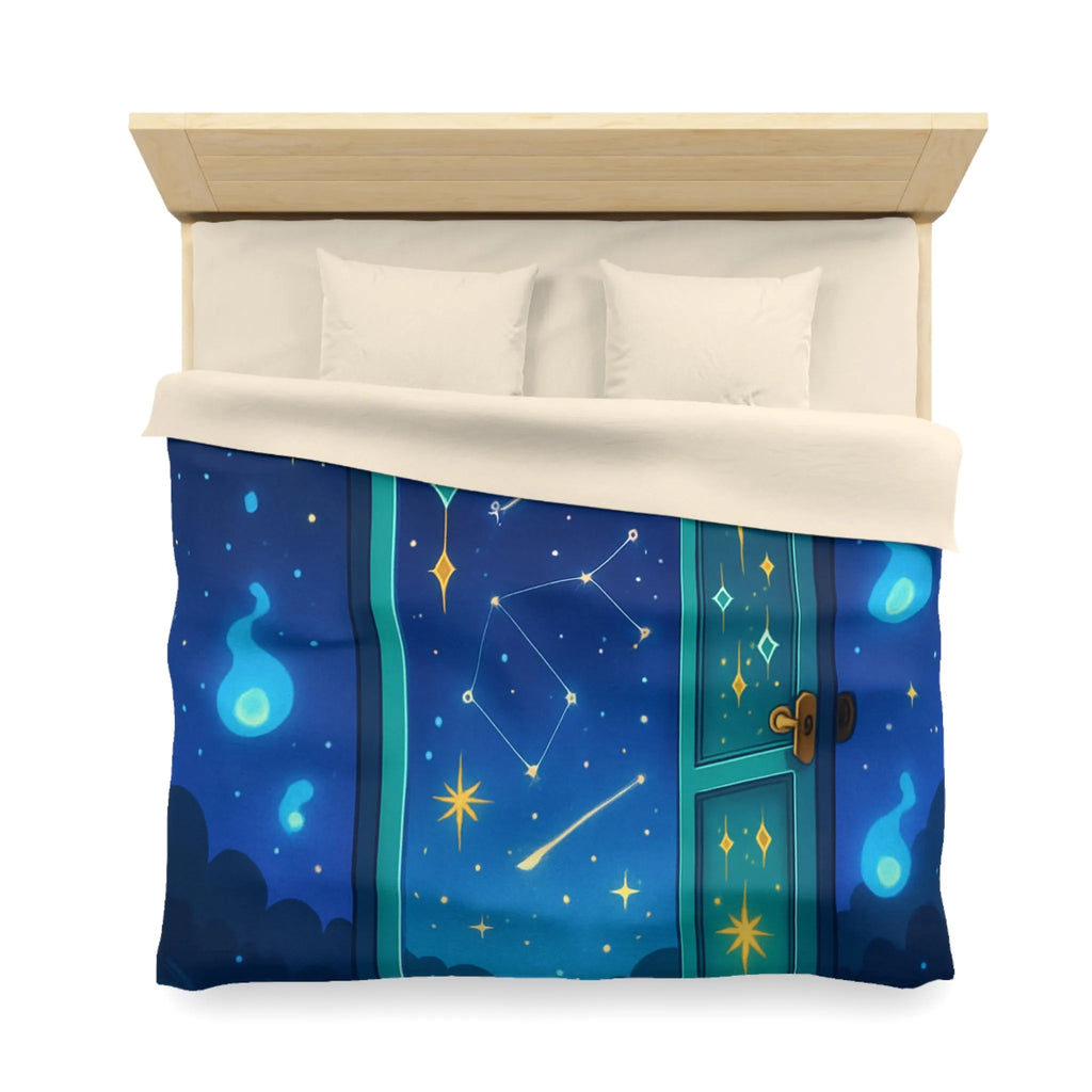Housse de couette magique avec porte ouverte sur ciel étoilé bleu et constellations