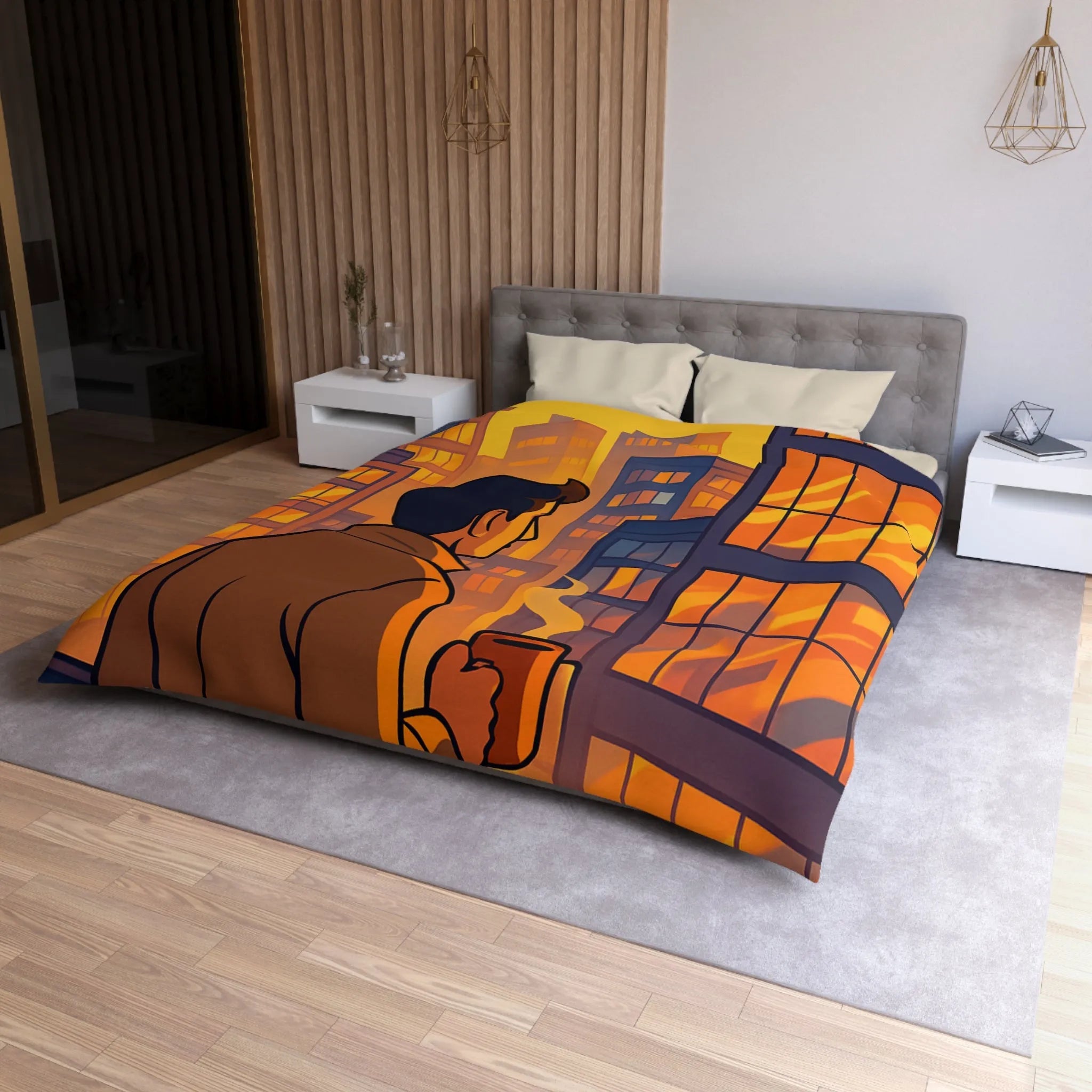 Housse de couette avec illustration urbaine au coucher de soleil et silhouette masculine