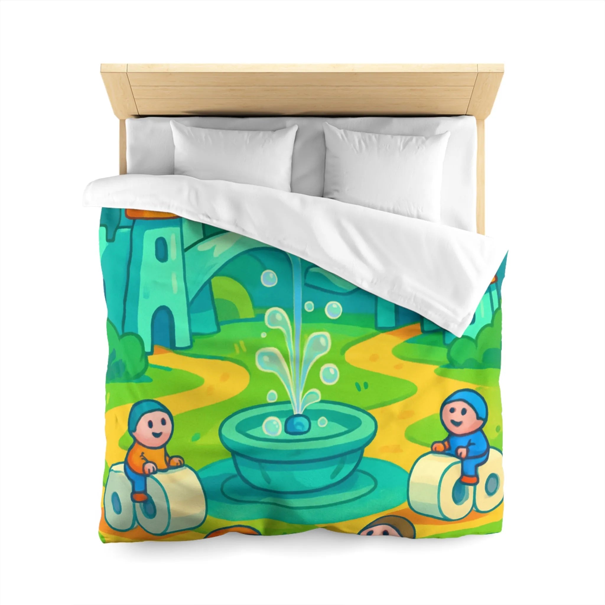 Housse de couette joyeuse avec château et enfants sur routes animées et colorées