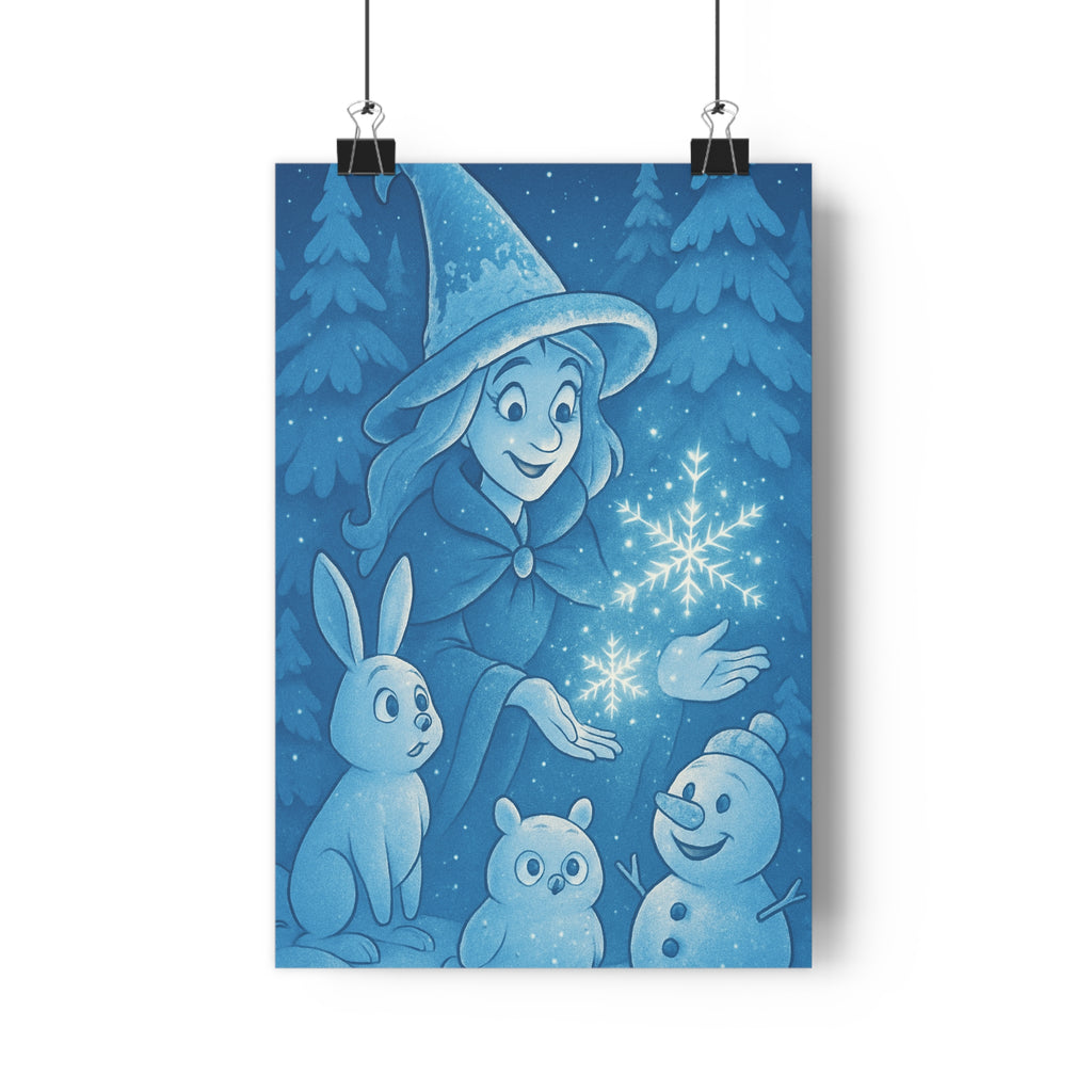 Poster décoratif sorcière hivernal bleu cartoon mystique chambre enfant forêt neige magique captivant qualité
